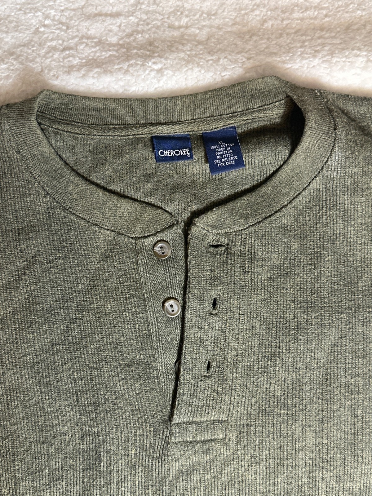 Cherokee Olive Green Men’s Long-Sleeve Waffle Knit Henley Shirt