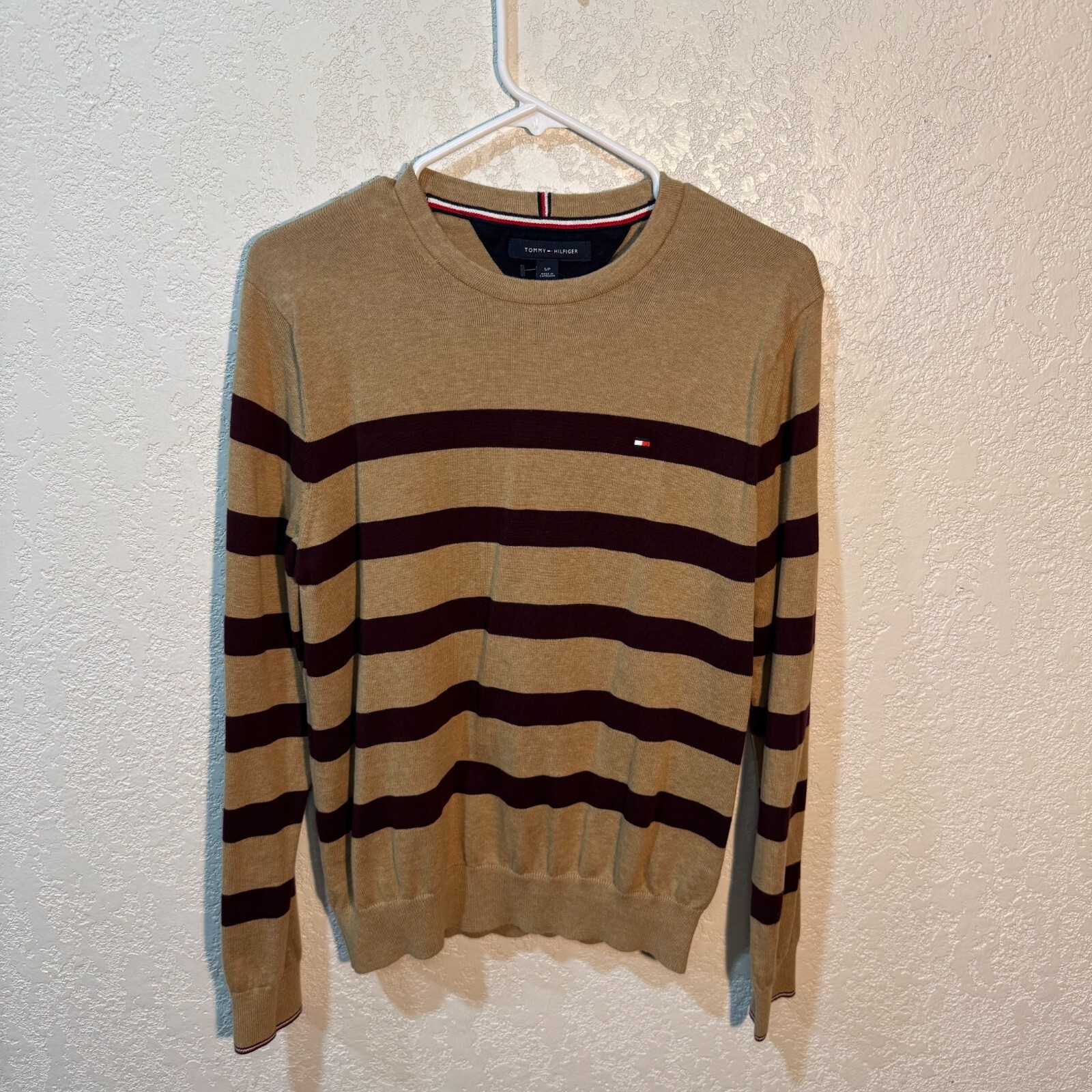 Tommy Hilfiger Long Sleeve Stripped Mens Sweat Shirt-Color Biege with Maroon