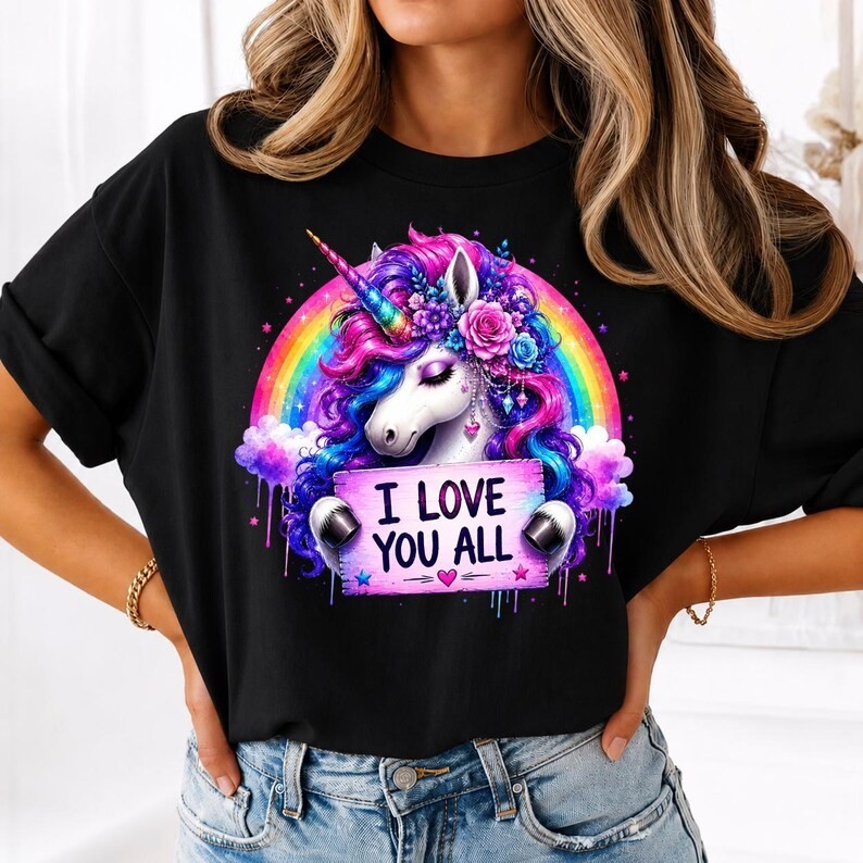 Rainbow Unicorn Graphic Tee, Colorful Fantasy Floral Shirt