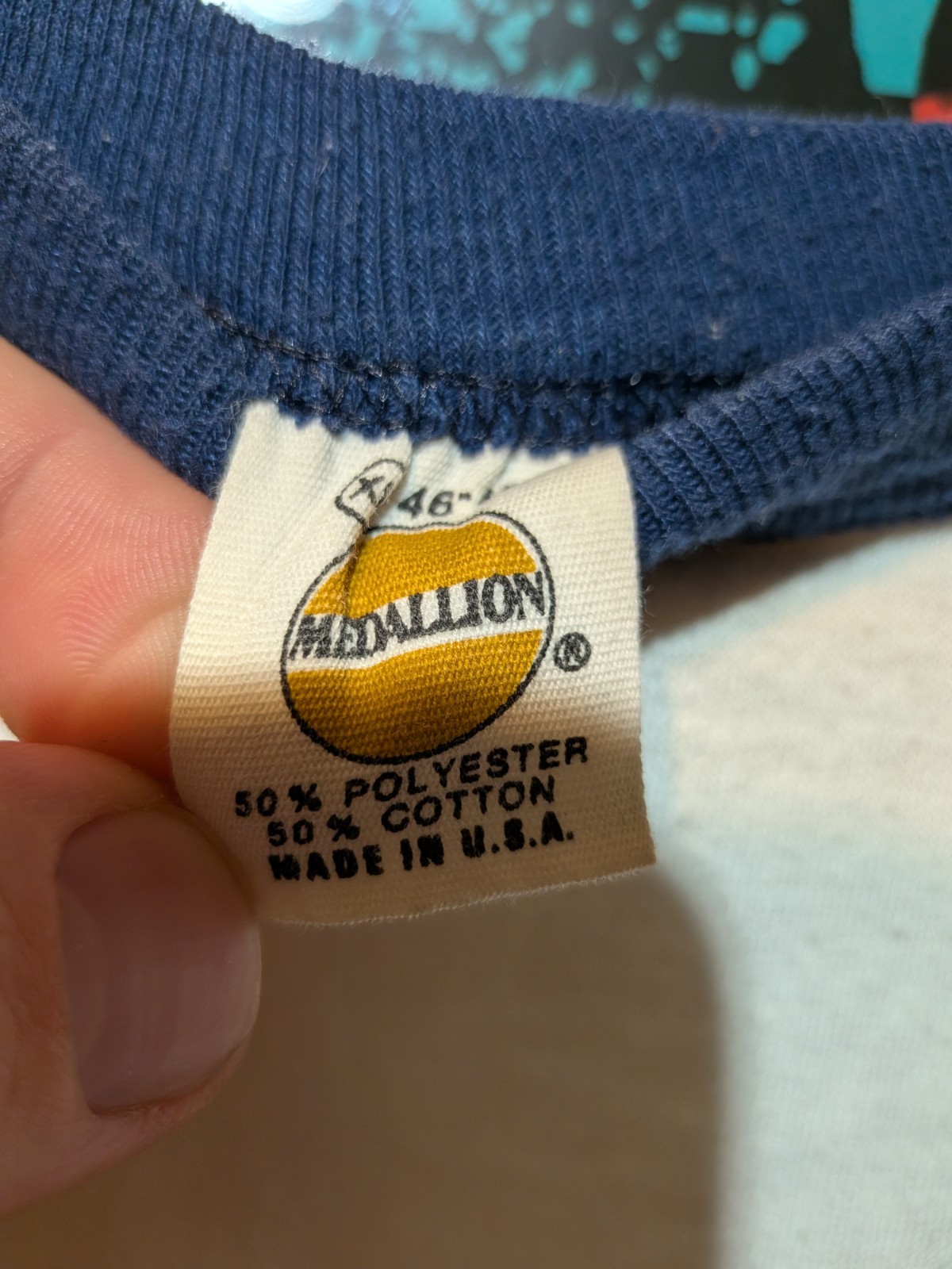 Vintage Navy White Medallion Quarter Sleeve Blank Shirt Size XL Made In USA