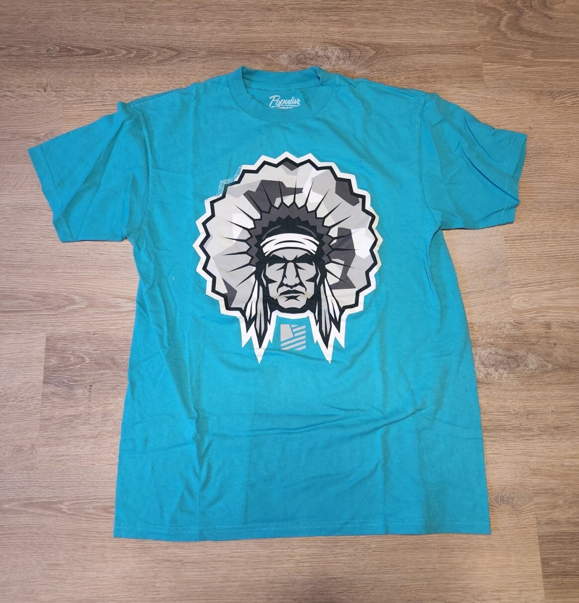 Mens Popular Demand Indian Chief T Shirt Size Medium Teal Gray Shirt Streetwear