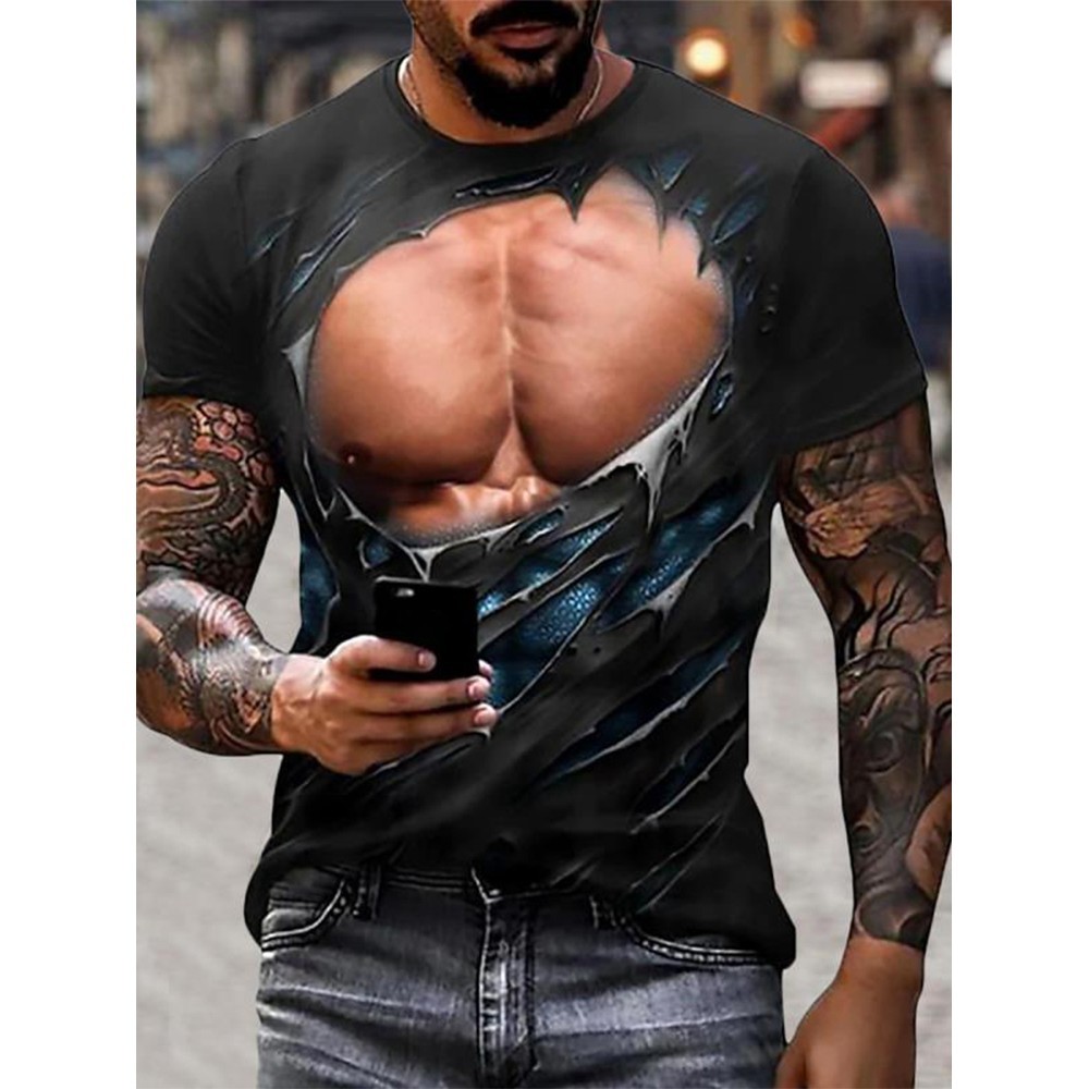 Mens 3D Muscle Print T-Shirt Short Sleeve Digital Printing Shirts Tops