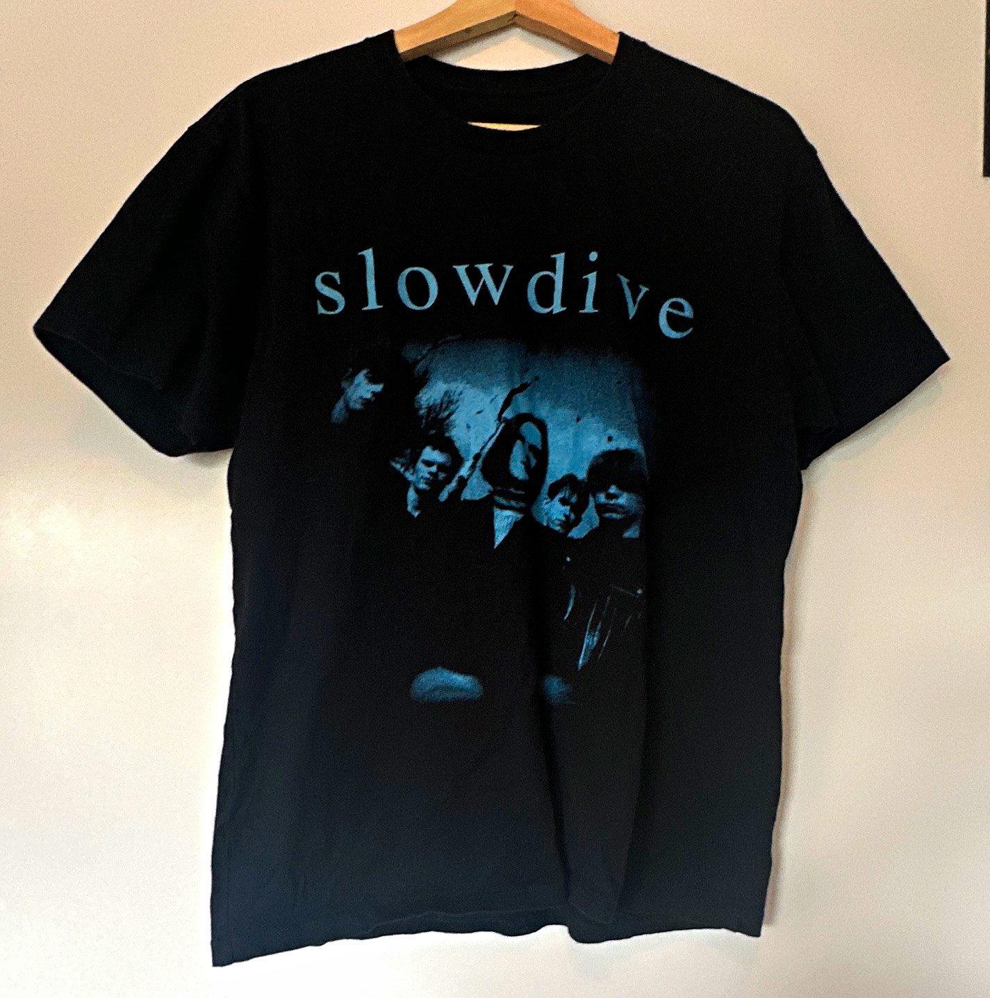Mens Black Slowdive Band Screen Print Short Sleeve T-Shirt M Black Blue