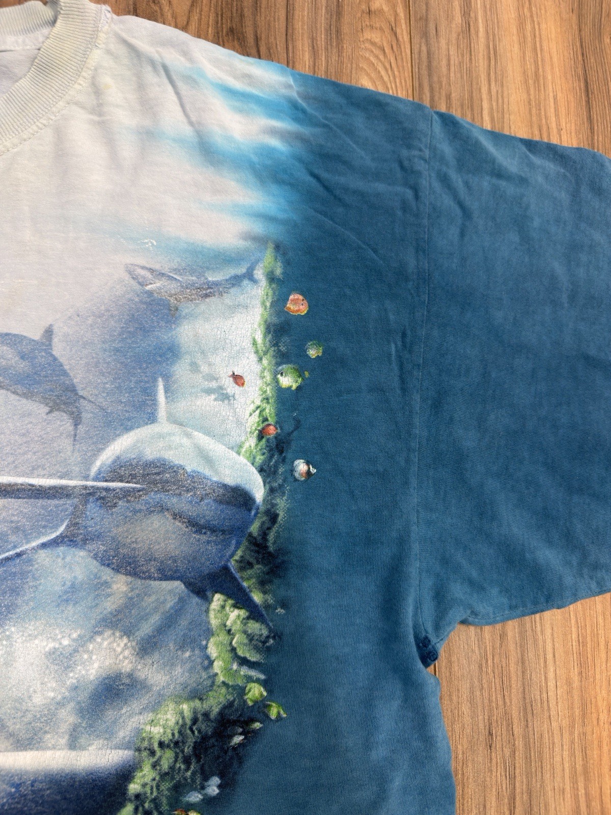 Vintage Y2K 2000 Padre Texas Sharks Aquatic Sea Turtle Blue Tie Dye Shirt XL AOP