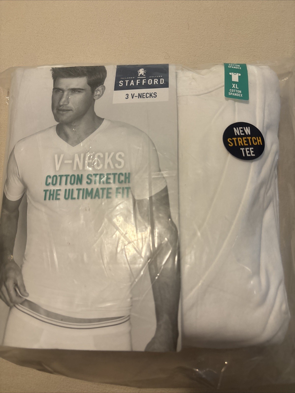 Stafford Men’s V Neck T-Shirts 3 Pack XL White 100% Cotton New Sealed