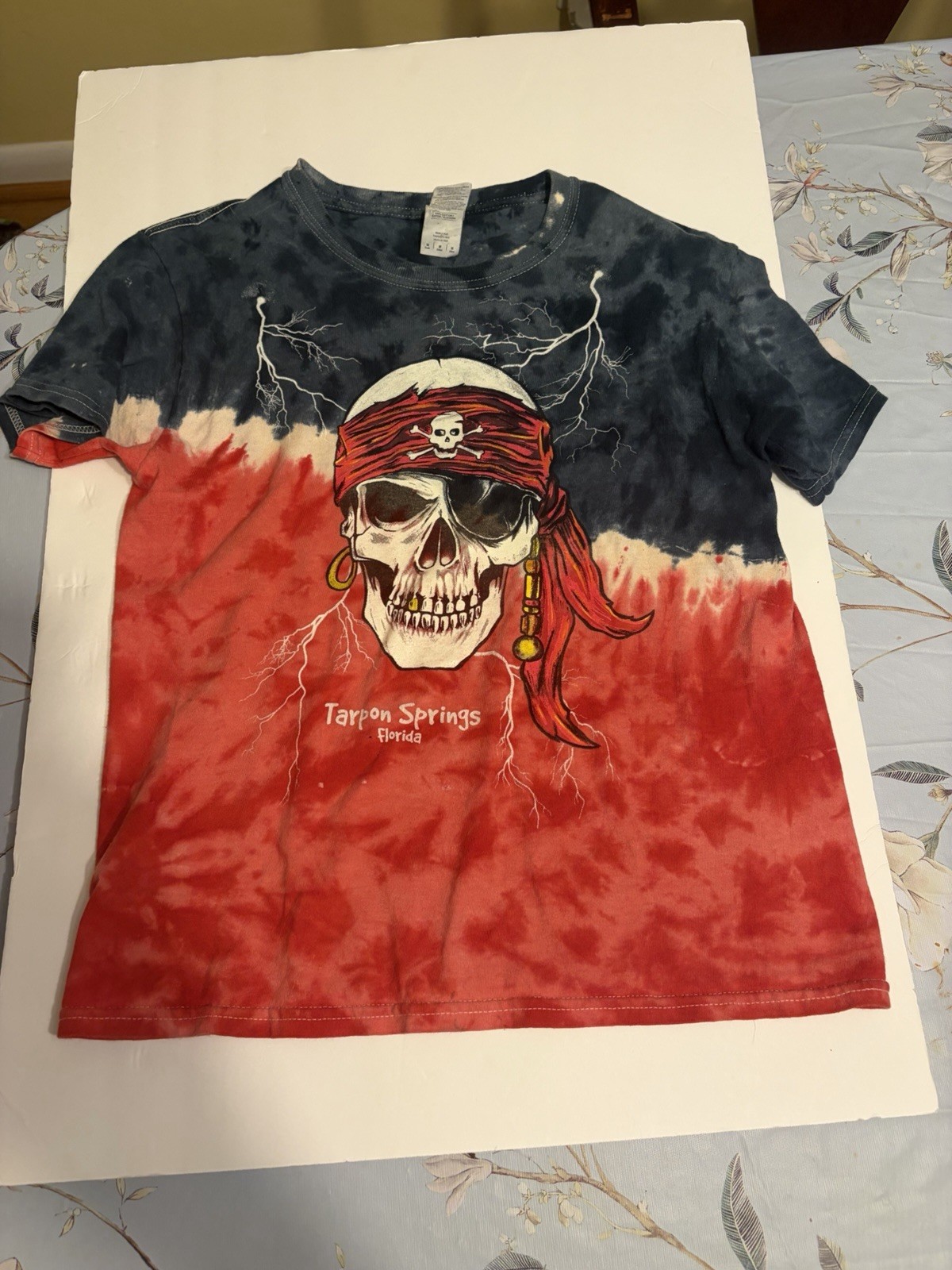 Men’s Tie-Dye Skull Pirate Graphic Print Cotton Crew Neck T-Shirt Size M