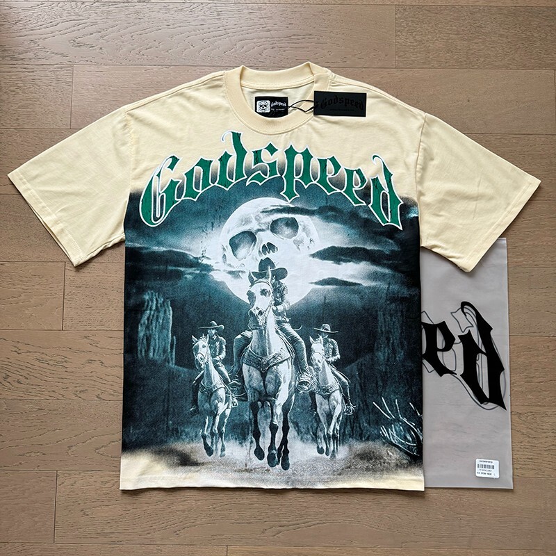 25/SS NEW Godspeed Rock Skeleton Knight print pattern Tee Washed Mens T-shirt