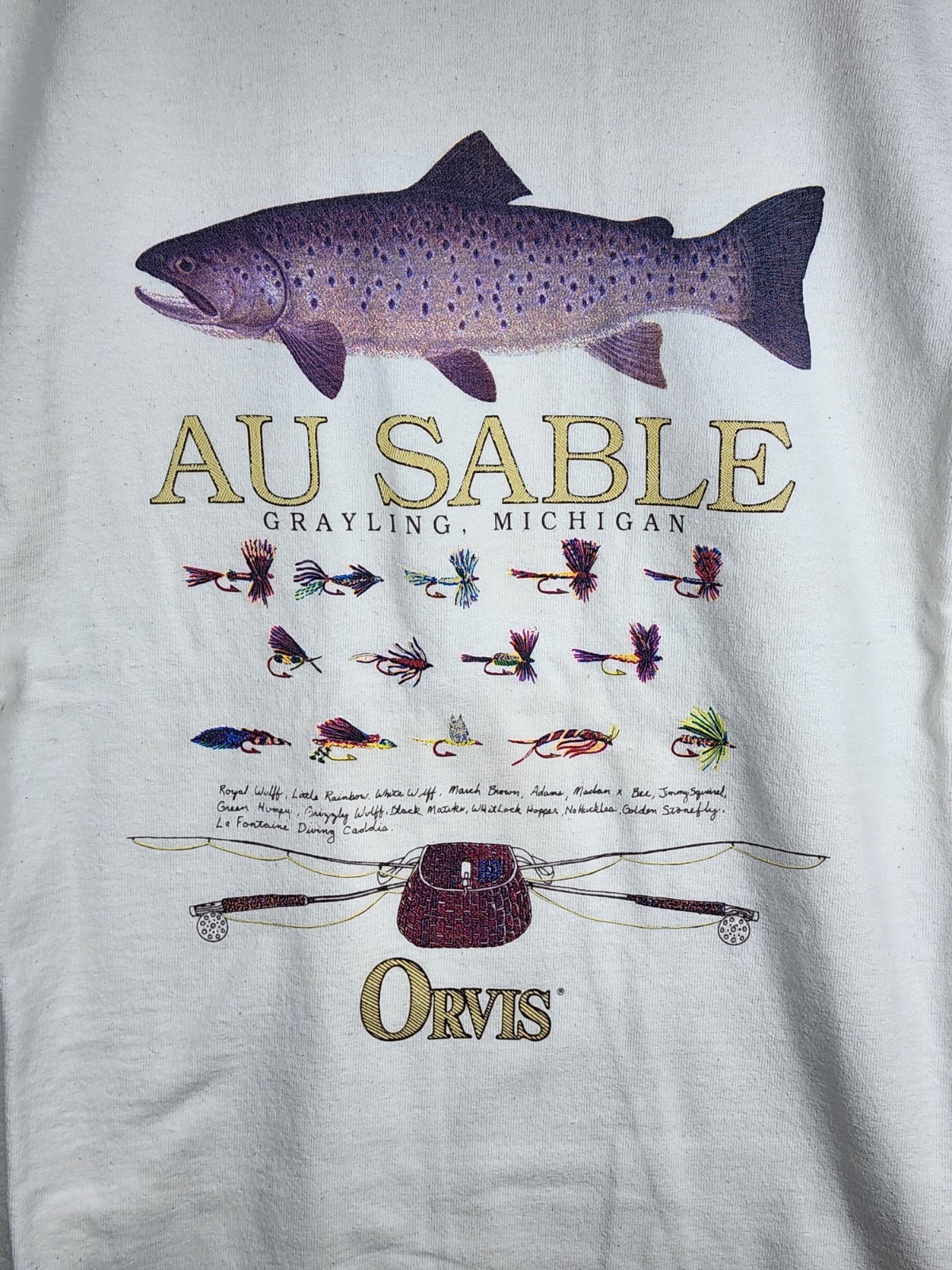 Vintage Orvis Au Sable River Brown Trout Fishing Tshirt Made In USA XXL Rare 26A