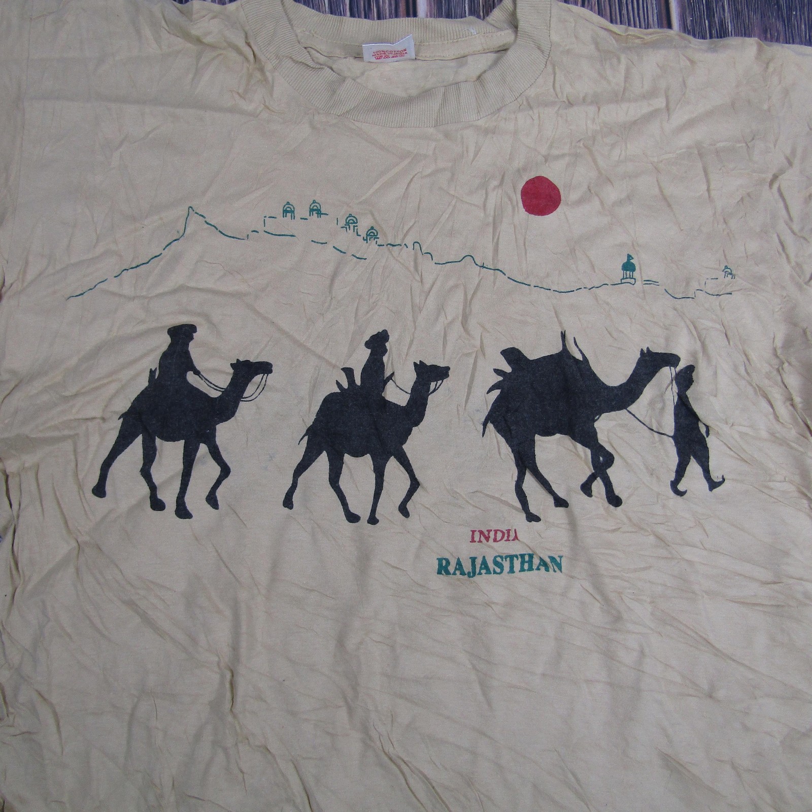 Vintage India Rajasthan Shirt Mens 2XL Tan Camel Desert Graphic Tourist Tee 90s