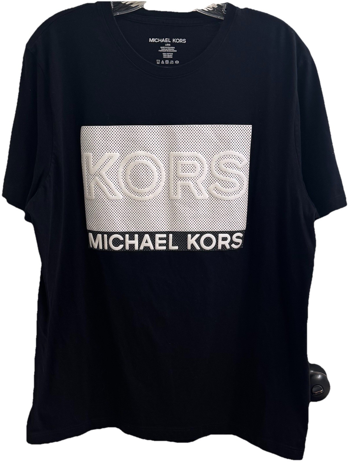 MICHAEL KORS Men’s (L) Black Crewneck Cotton T-Shirt Square 3D Textured Logo