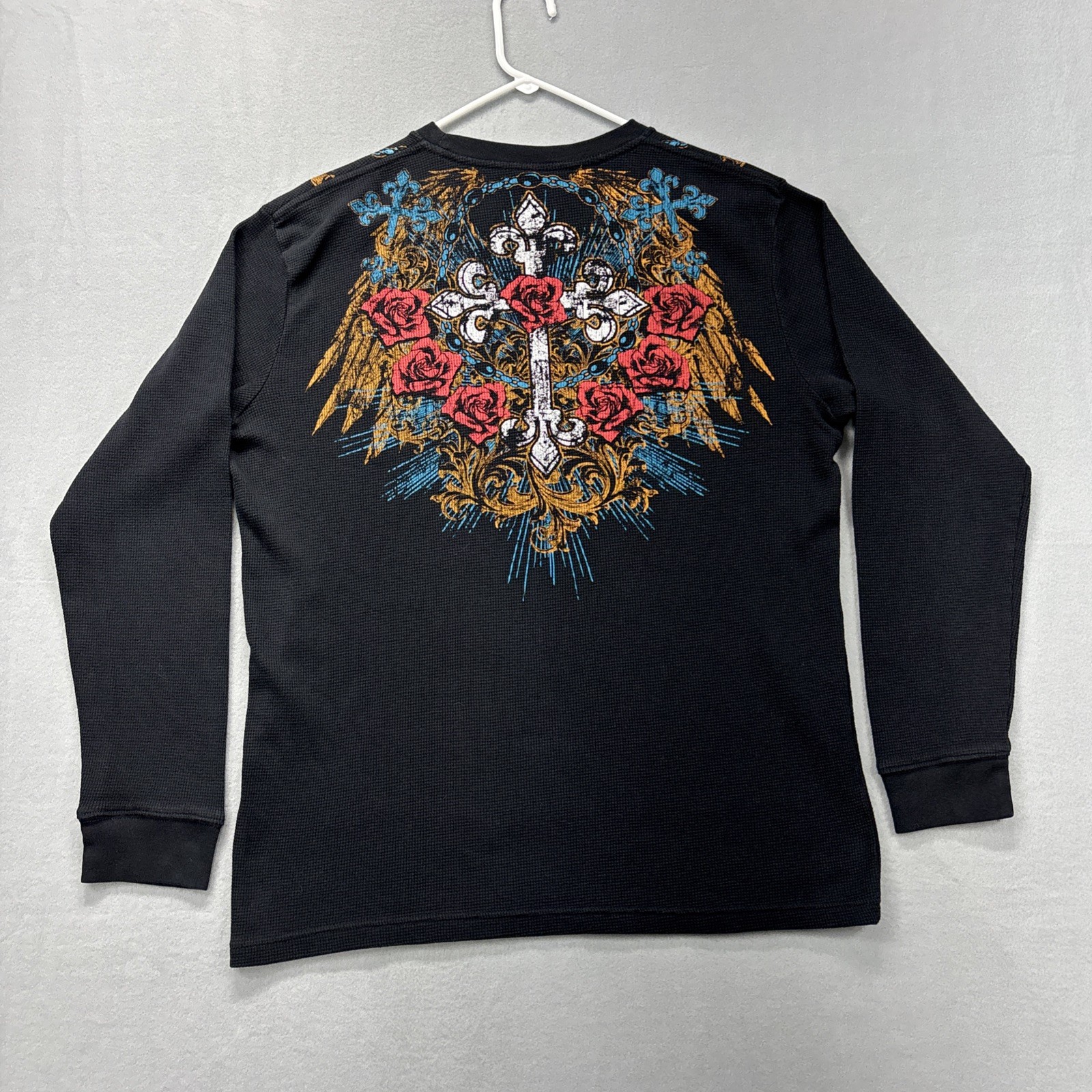 Vintage MMA Elite Black Thermal Shirt Mens XL Long Sleeve Cross Rose Chain Y2K