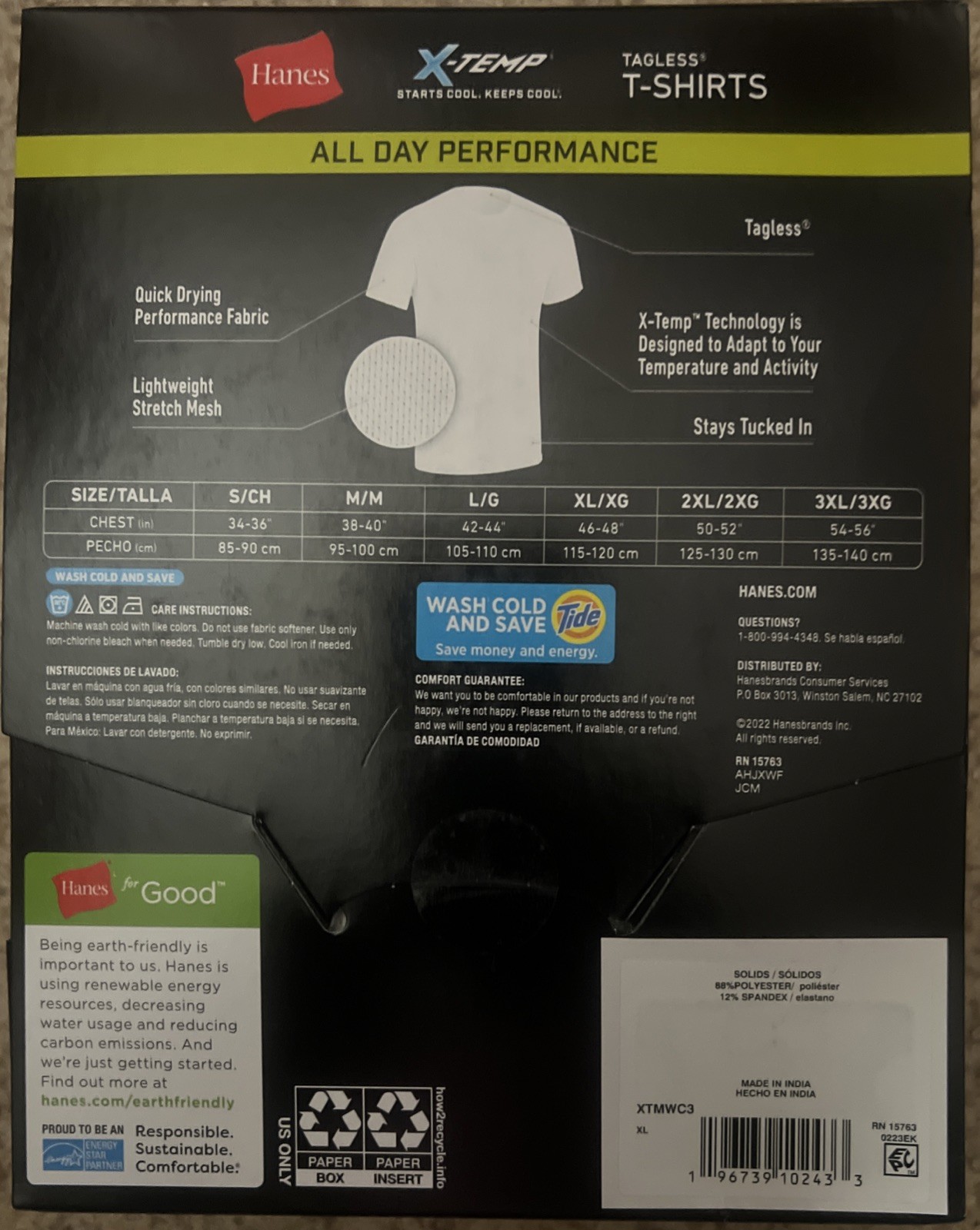 XL Hanes Men 3 Pack Tagless X-Temp All day Performance White T-Shirts New