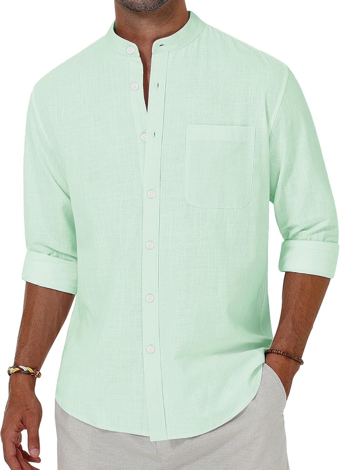 Men’s Linen Button Down Shirt Long Sleeve Band Collar Casual Beach Top