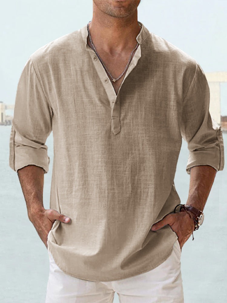Men’s Casual Henley Shirt Long Sleeve Linen Cotton Loose Fit Summer T-Shirt