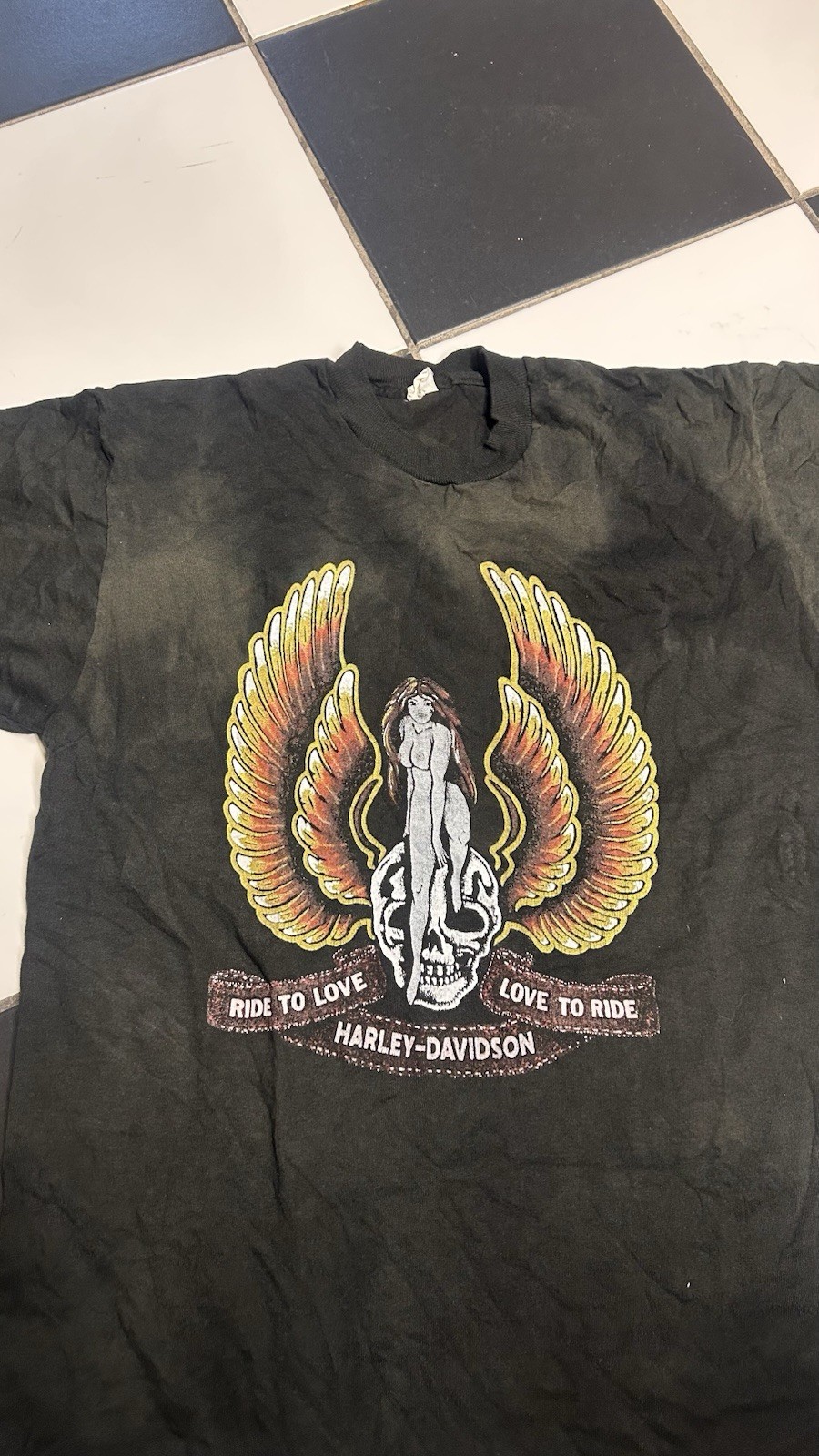 Vintage 70s Harley Davidson Ride To Love Love To Ride Nude Woman Tee Wings