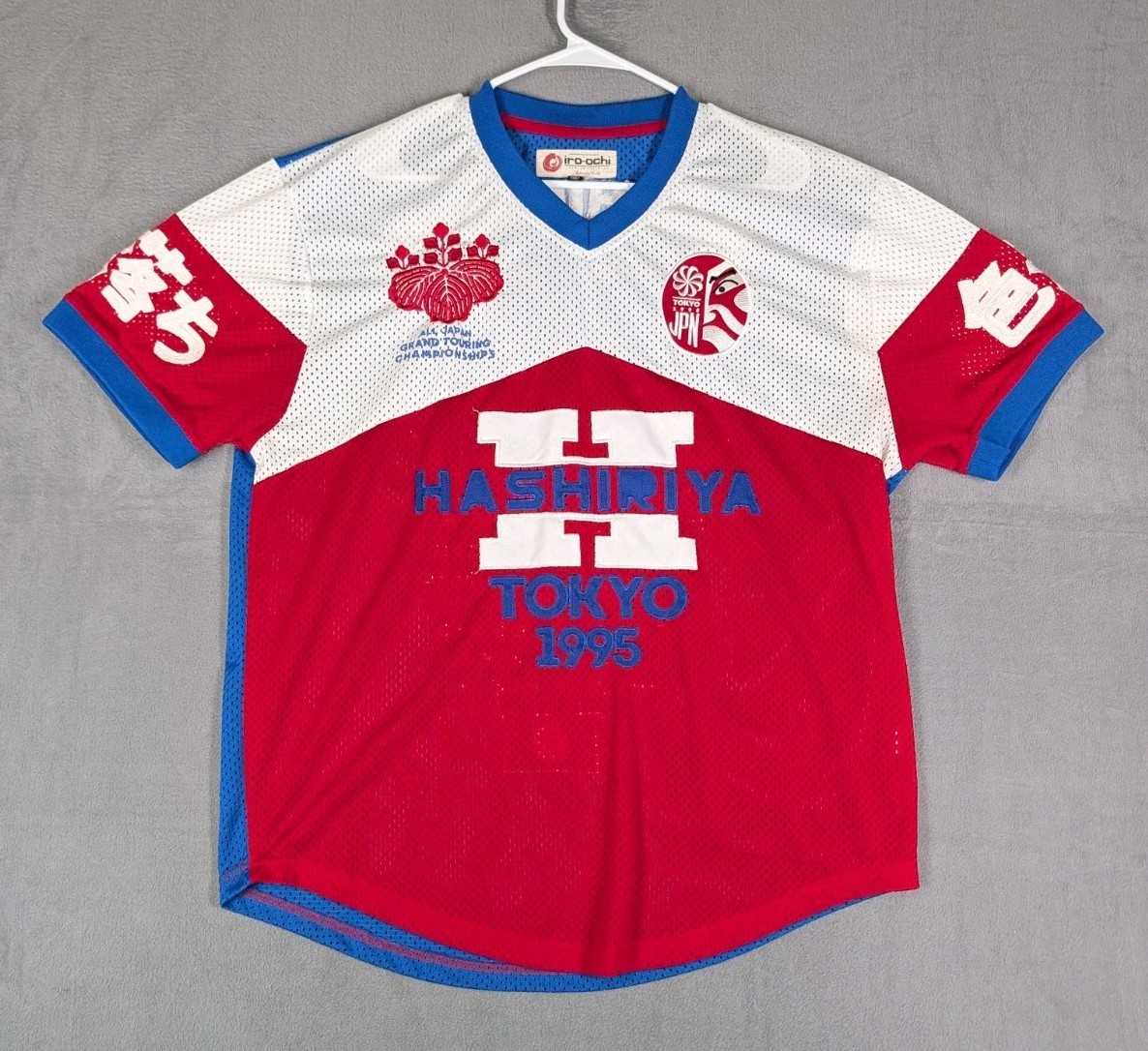 Iro Ochi Mens 2XL White Red Blue Japan Mesh Racing Jersey Shirt Y2K Rare Tee