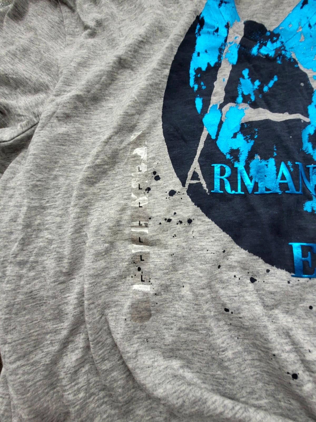 NWT Armani Exchange Heather Gray Blue Foil Graphic V Neck Logo Tee T Shirt Sz L