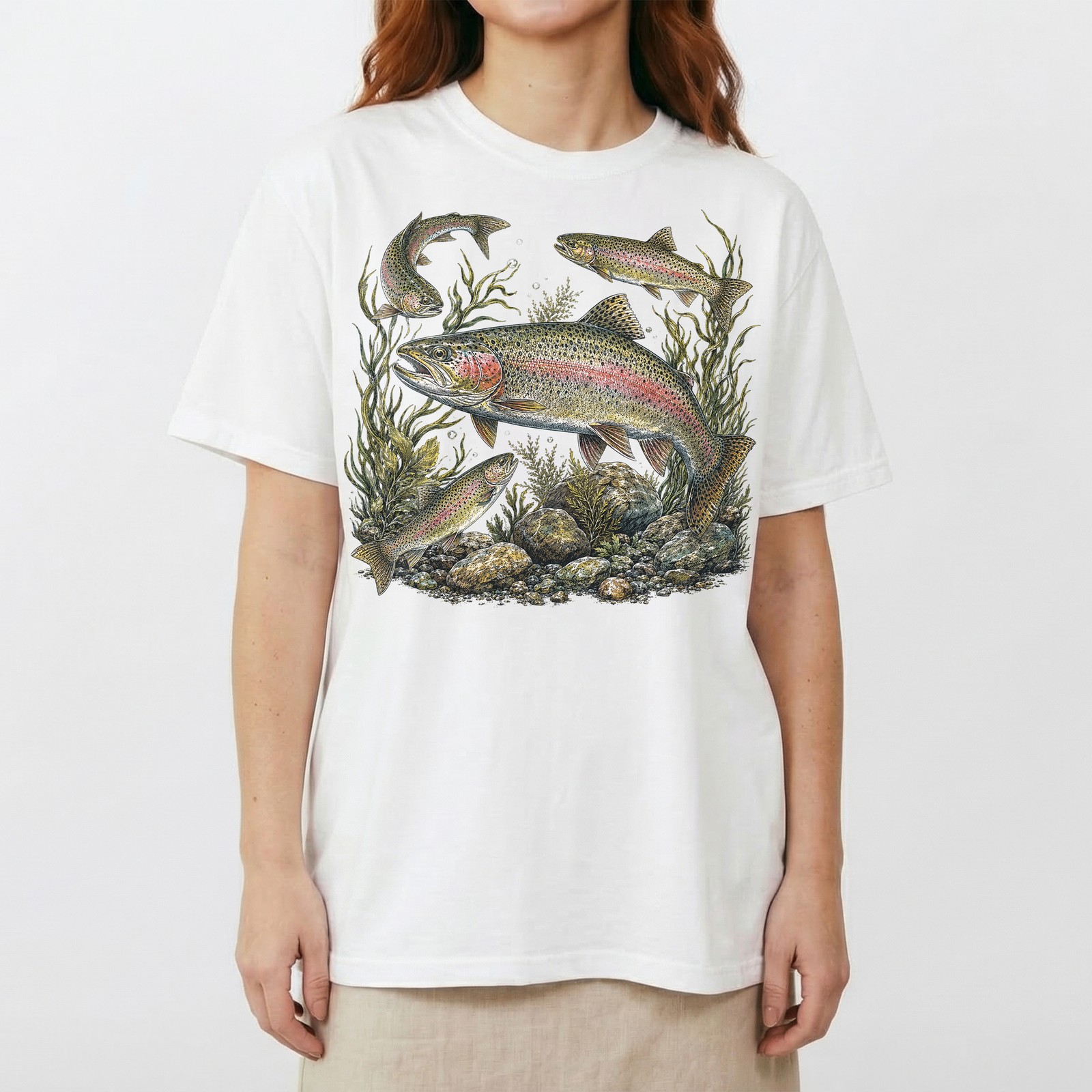 Vintage Rainbow Trout Fishing Fly Fisher Outdoor T-Shirt Nature Lover Tee