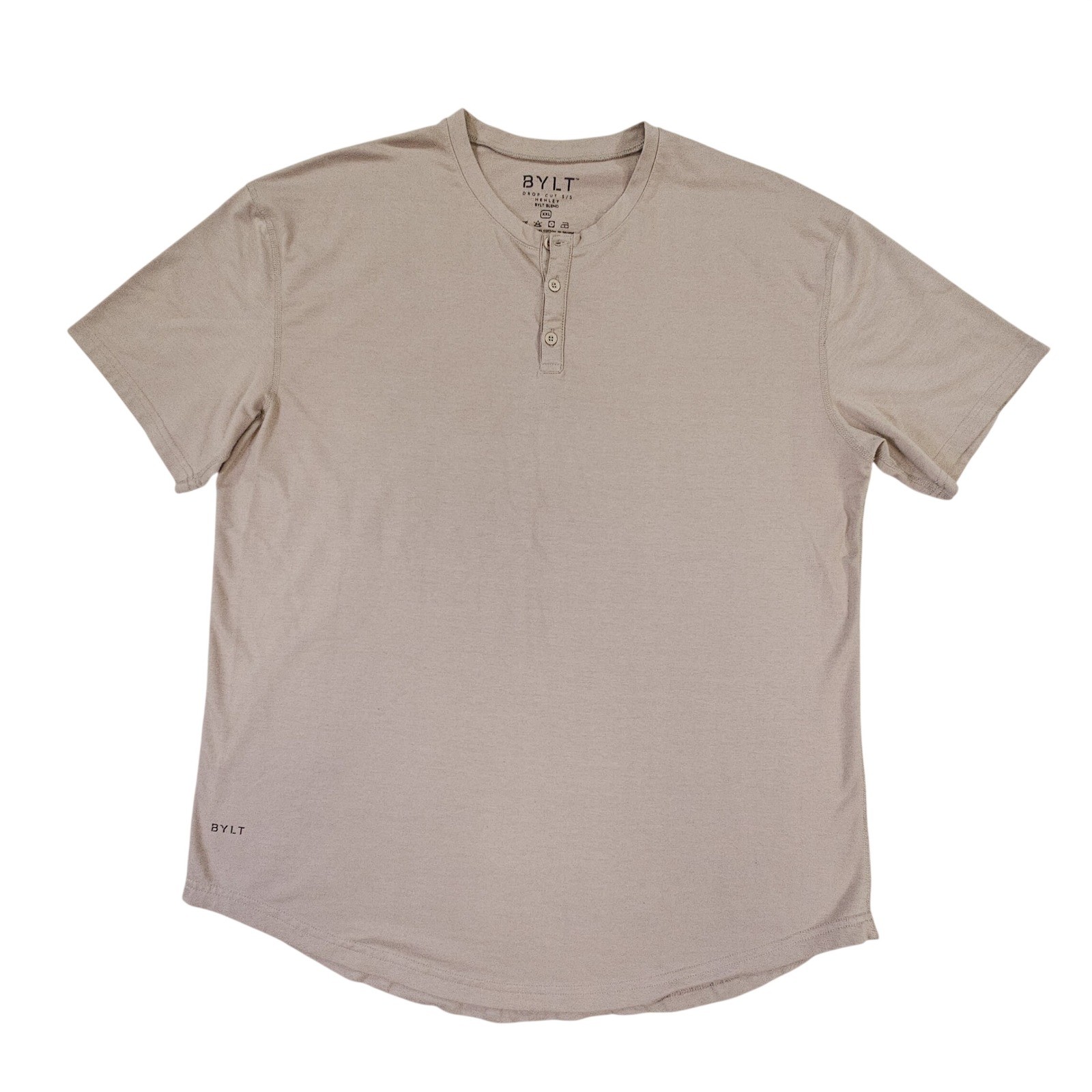 BYLT Drop Cut Henley Mens XXL Tan Excellent Short Sleeve Curved Hem Stretch