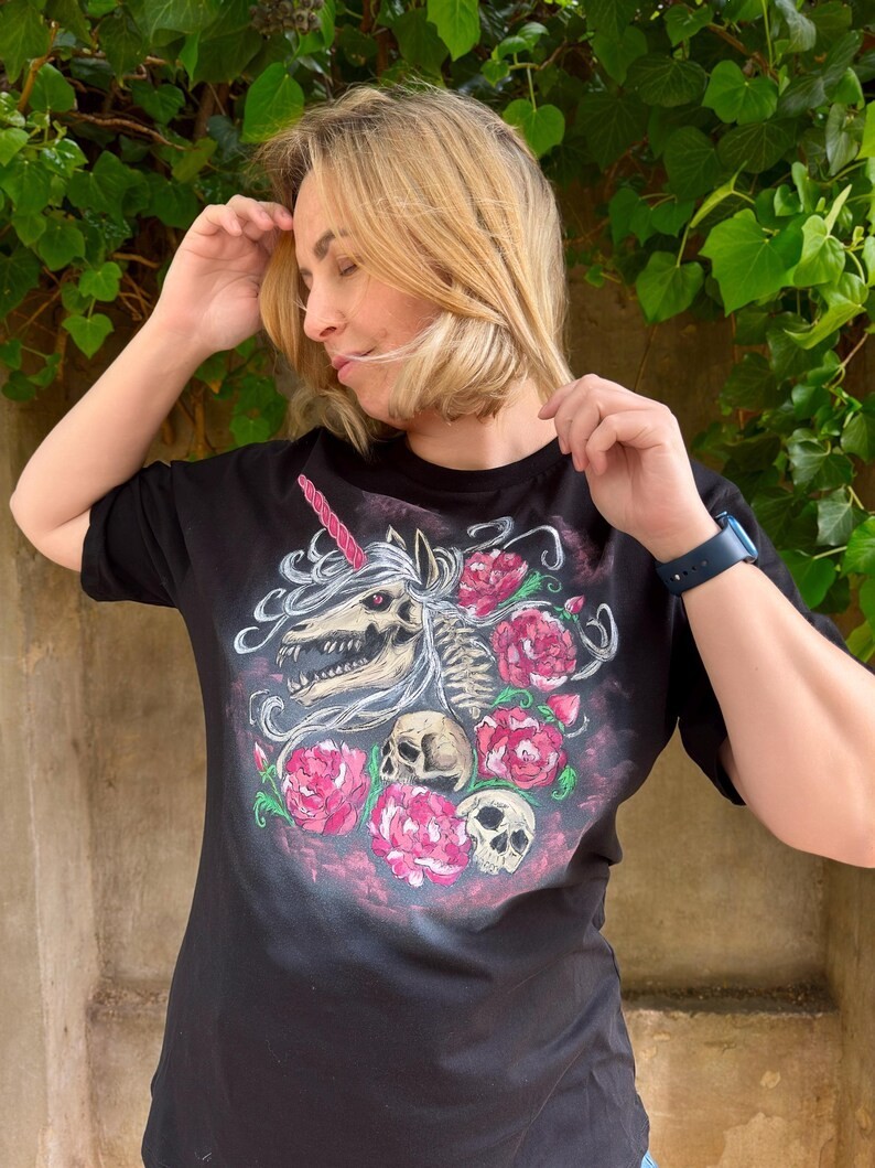Hand Painted Gothic Unicorn Skull T-Shirt, Dark Fantasy Floral Tee