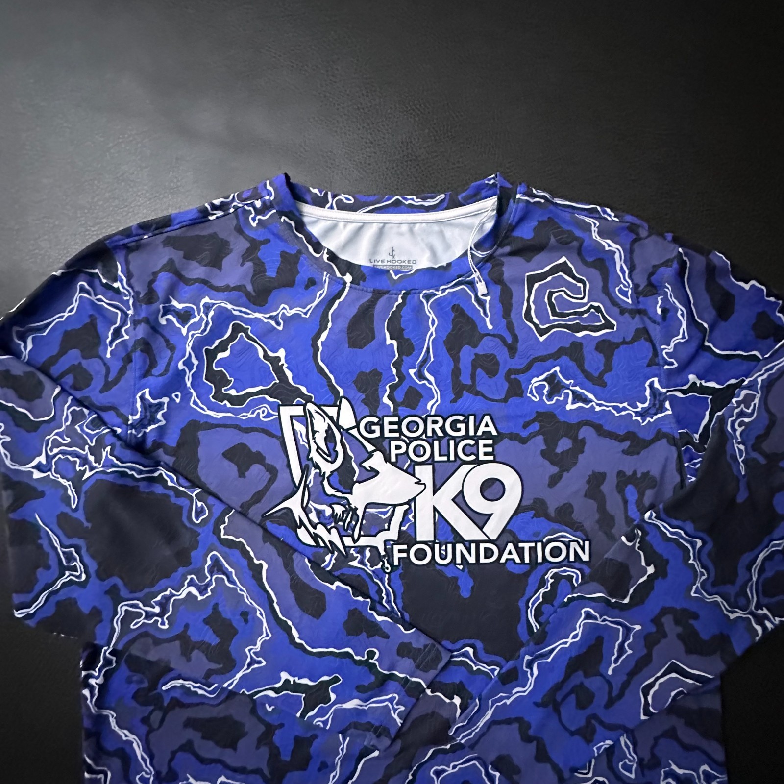 Live Hooked Shirt Mens Large Blue Georgia PD K9 Performance Fishing Boating AOP