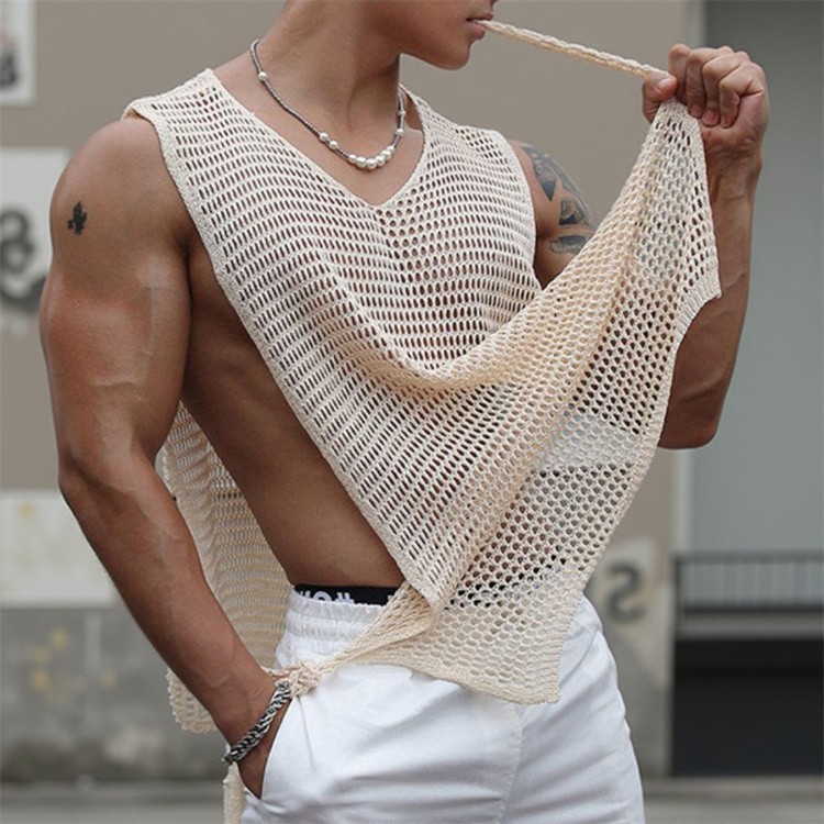 Men Sexy Hollow Out Tank Tops Openwork Side Lace Up Vest Casual Baggy Vest Basic