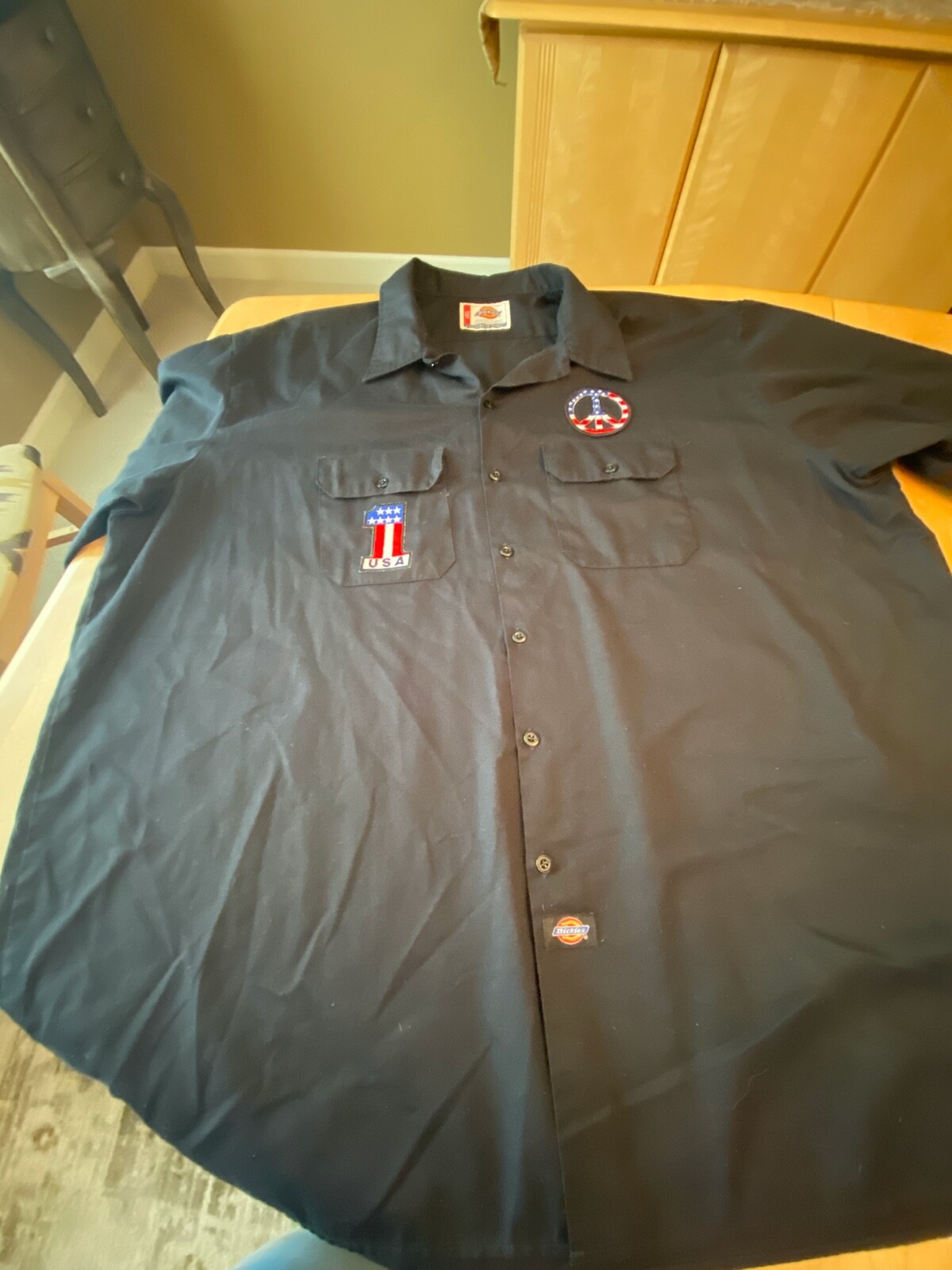 VTG DICKIES MENS SZ 4XL BUTTON UP WORK SHIRT USA PEACE SIGN PATCHES BLOKECORE