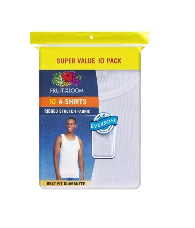 Fruit of the Loom Men’s 10 Pack White Ribbed Tag Free Tank A-Shirts Large 42/44