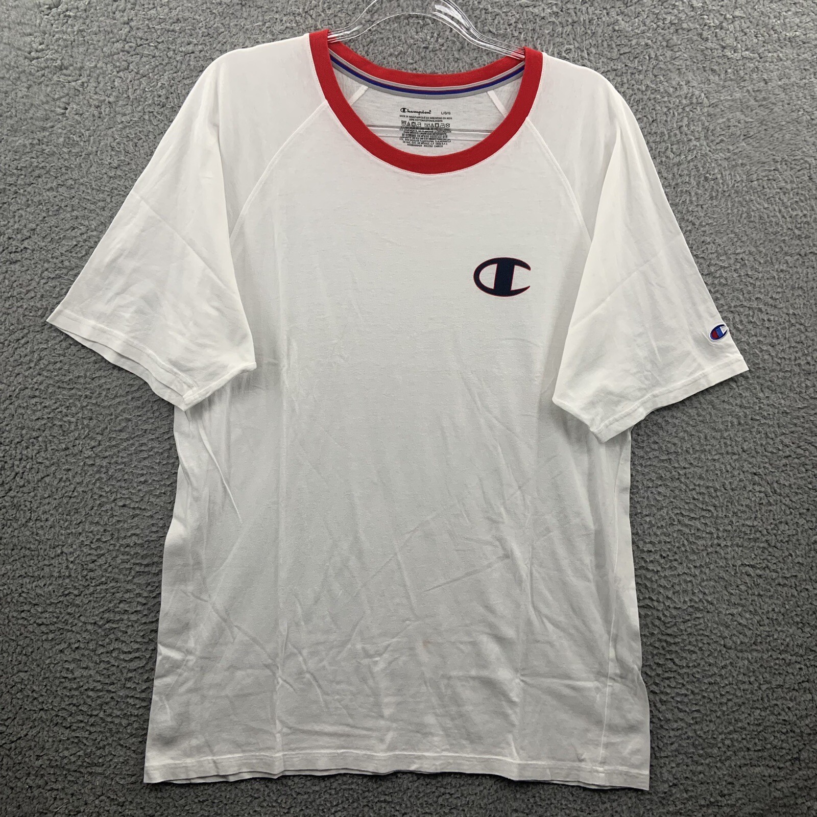 Champion Shirt Mens Large White Red Blue Logo Pullover Short Sleeve Crew Neck