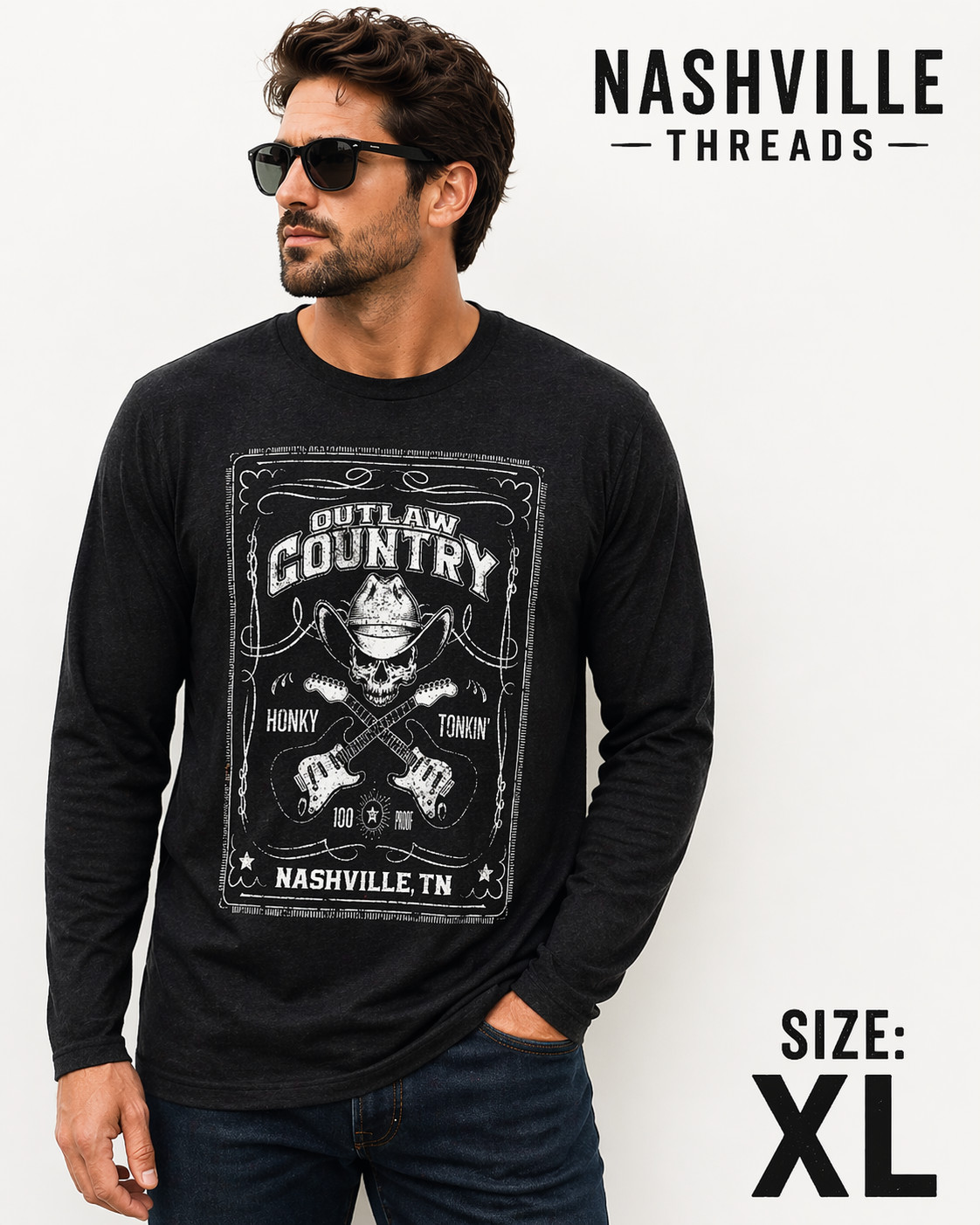 Nashville Threads Outlaw Country Shirt Men’s XL Black Graphic Long Sleeve NWT