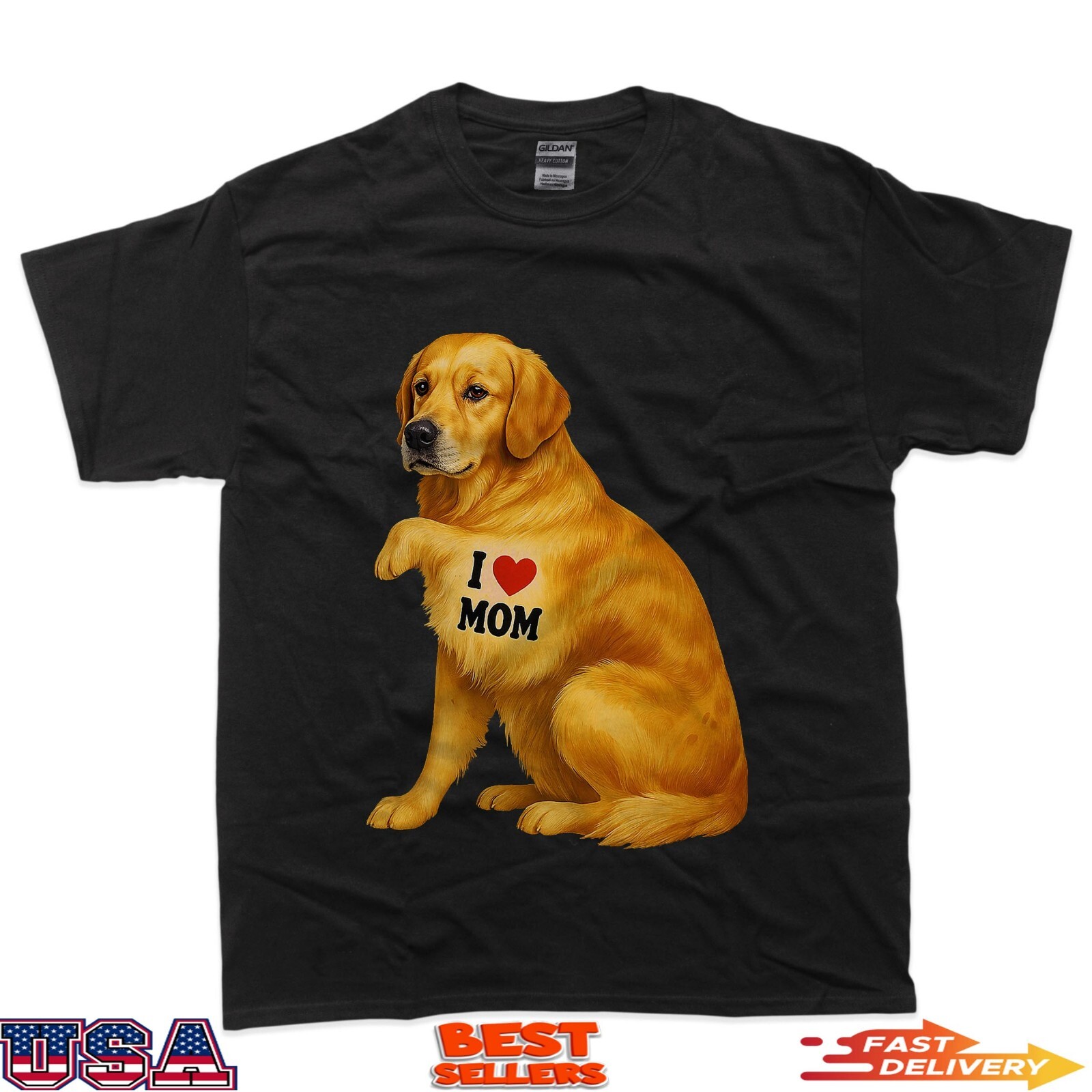 Patriotic I Love Mom Golden Retriever Funny Mama Dog Owner T-Shirt