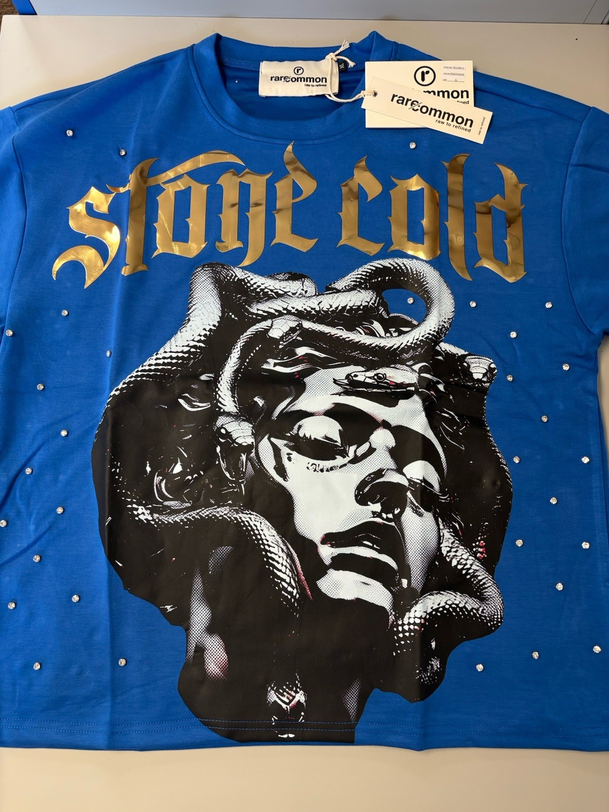 Rare Common Stone Cold Medusa Rhinestone Graphic T Blue Gold Foil NWT SizeXL