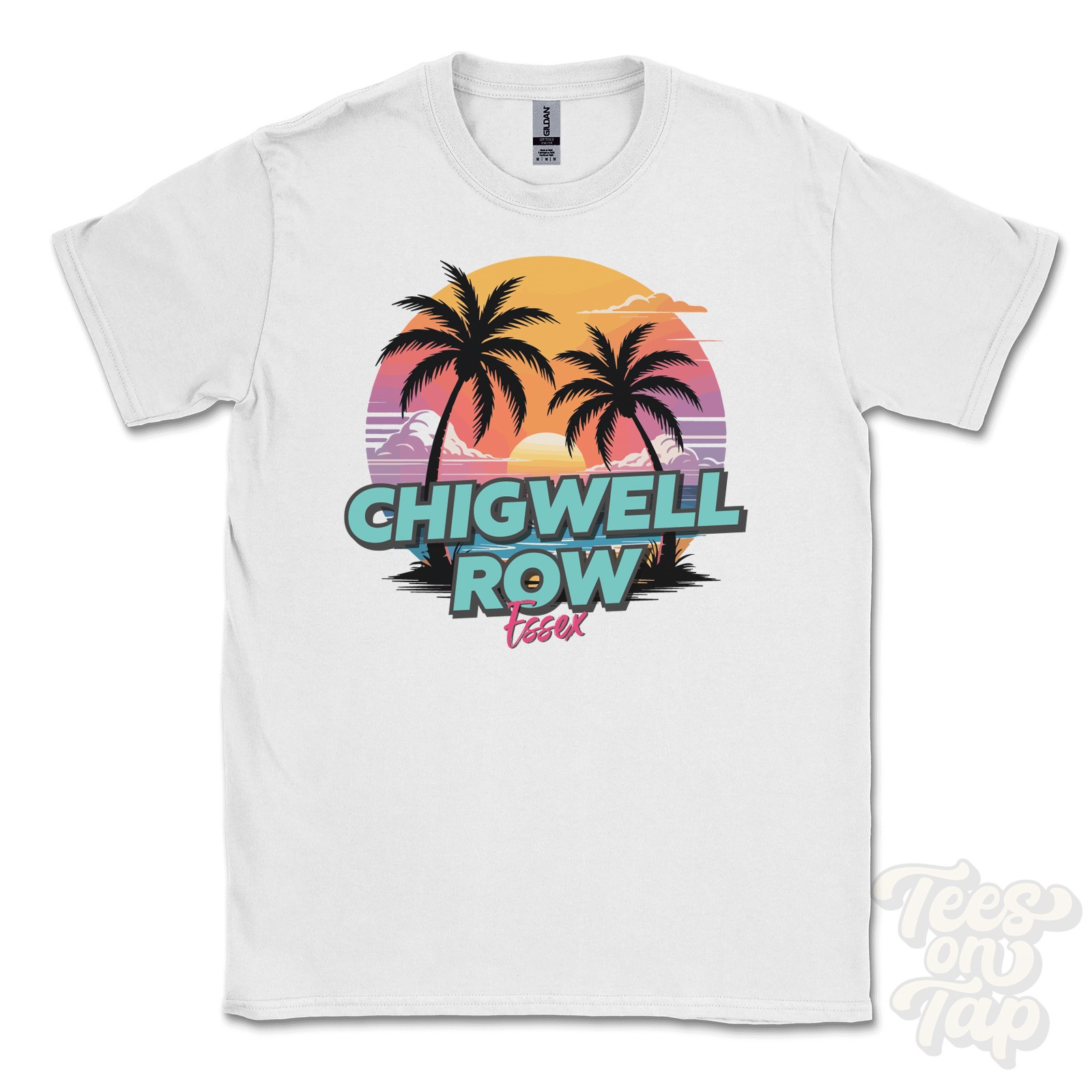 CHIGWELL ROW ESSEX T-SHIRT – Retro Miami Style Funny UK Summer Parody