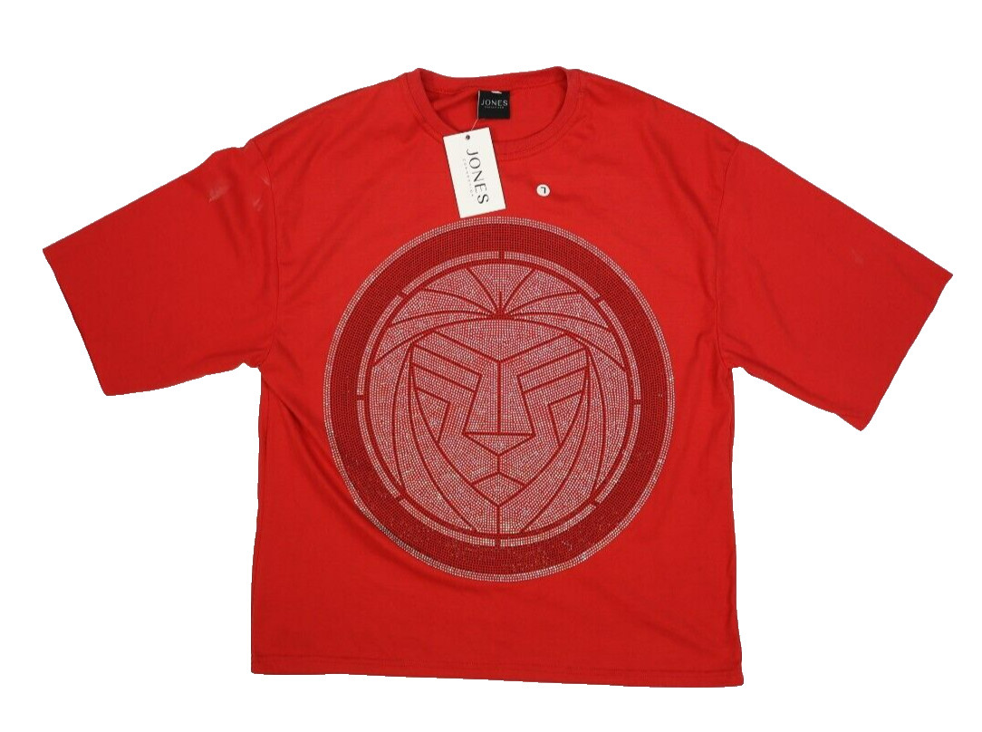 Jones Collection Rhinestone T-Shirt Red Short Sleeve Lion Circle Mens Large