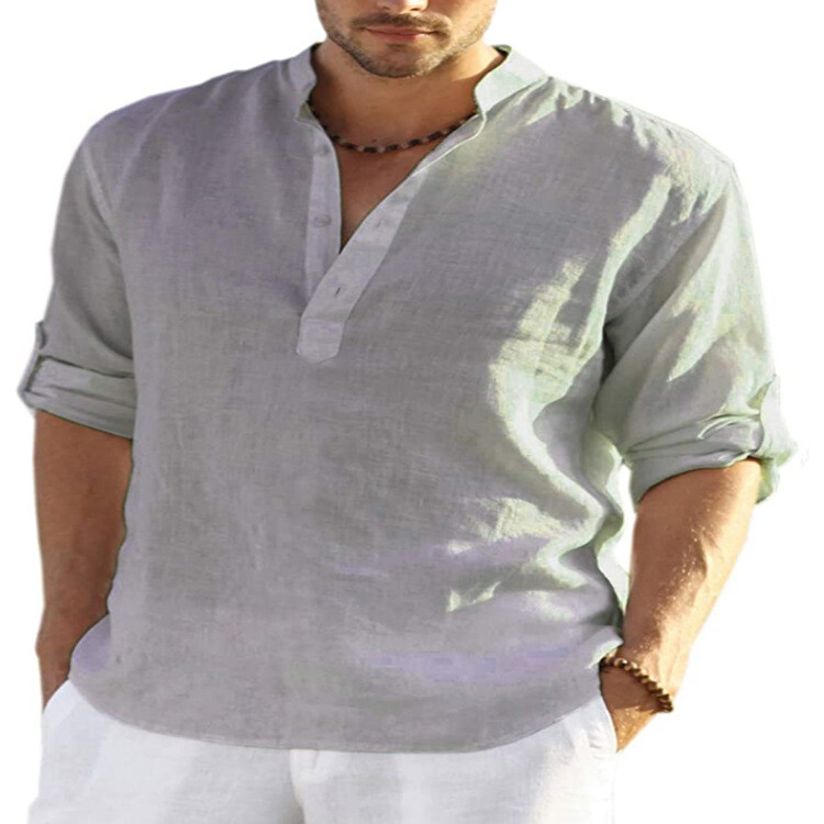 Mens Cotton Linen Long Sleeve Shirt Solid Loose Blouse Button Down Tops T Shirt