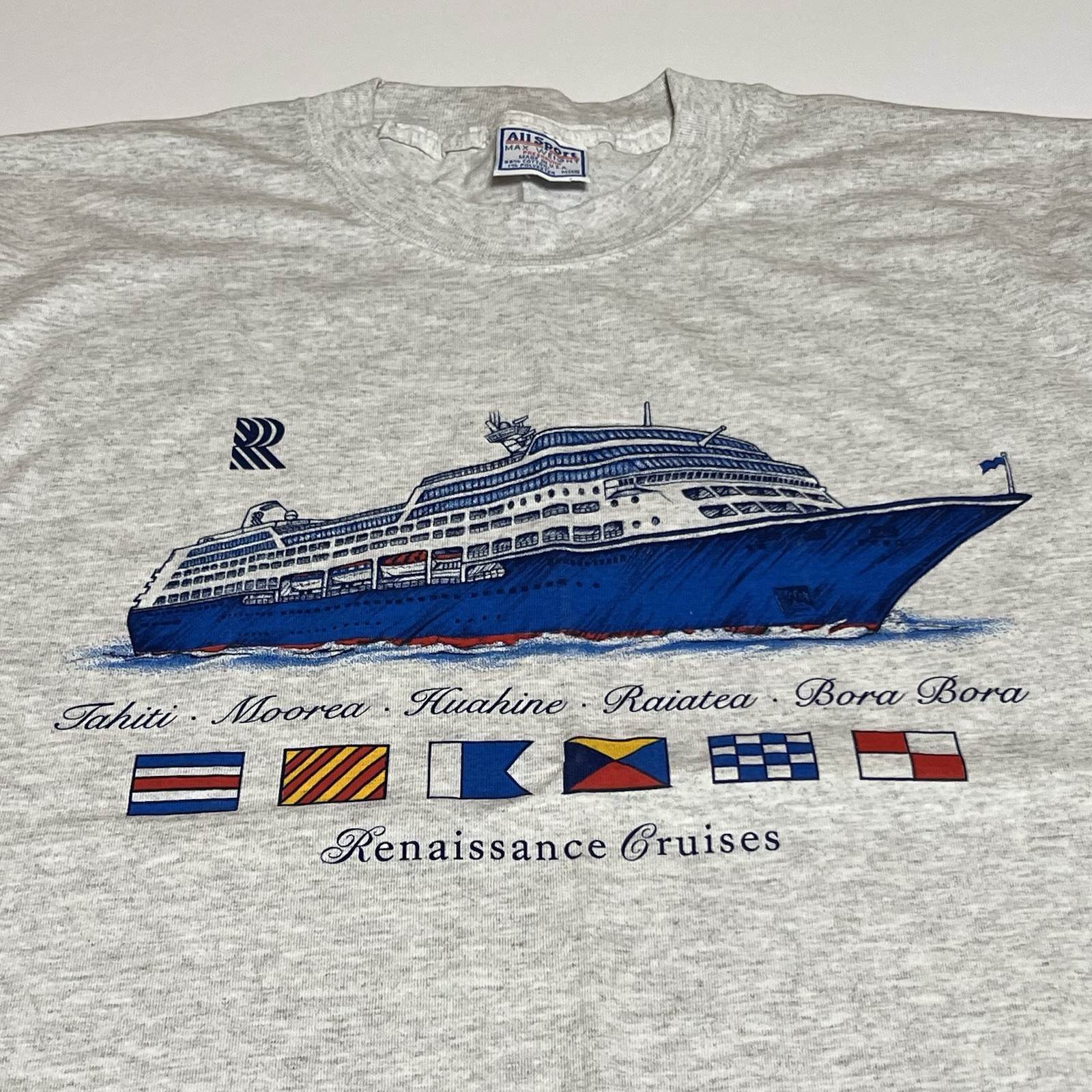 Vintage Renaissance Cruises Shirt Mens Medium Gray Travel Graphic 90s