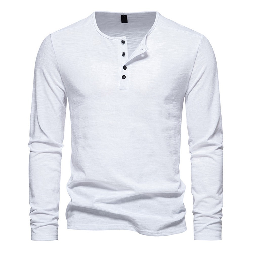 New Men’s Cotton Long Sleeve T-Shirt Slim Fit Button Neck Casual Fitness Tee