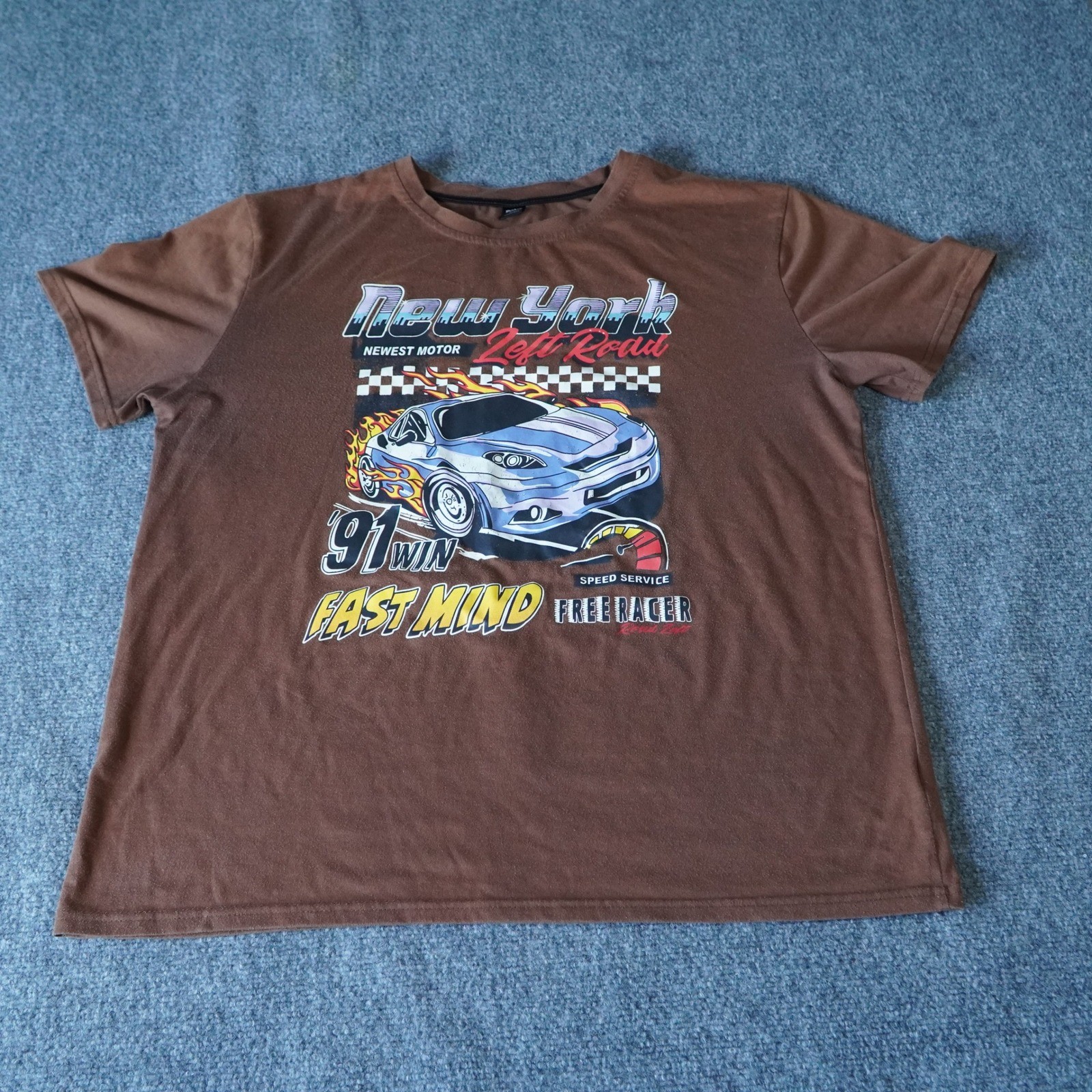 ROMWE Mens XL Brown Graphic T Shirt Fast Mind Free Racer Car Print Short Sleeve