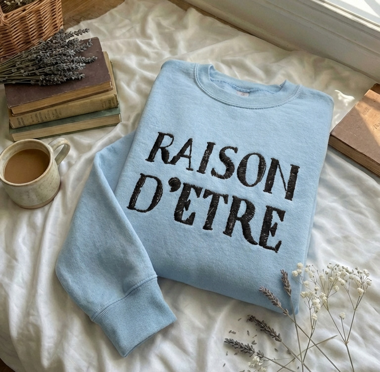 Embroidered Raison D’Etre Sweatshirt, Retro TV Quote Unisex Crewneck
