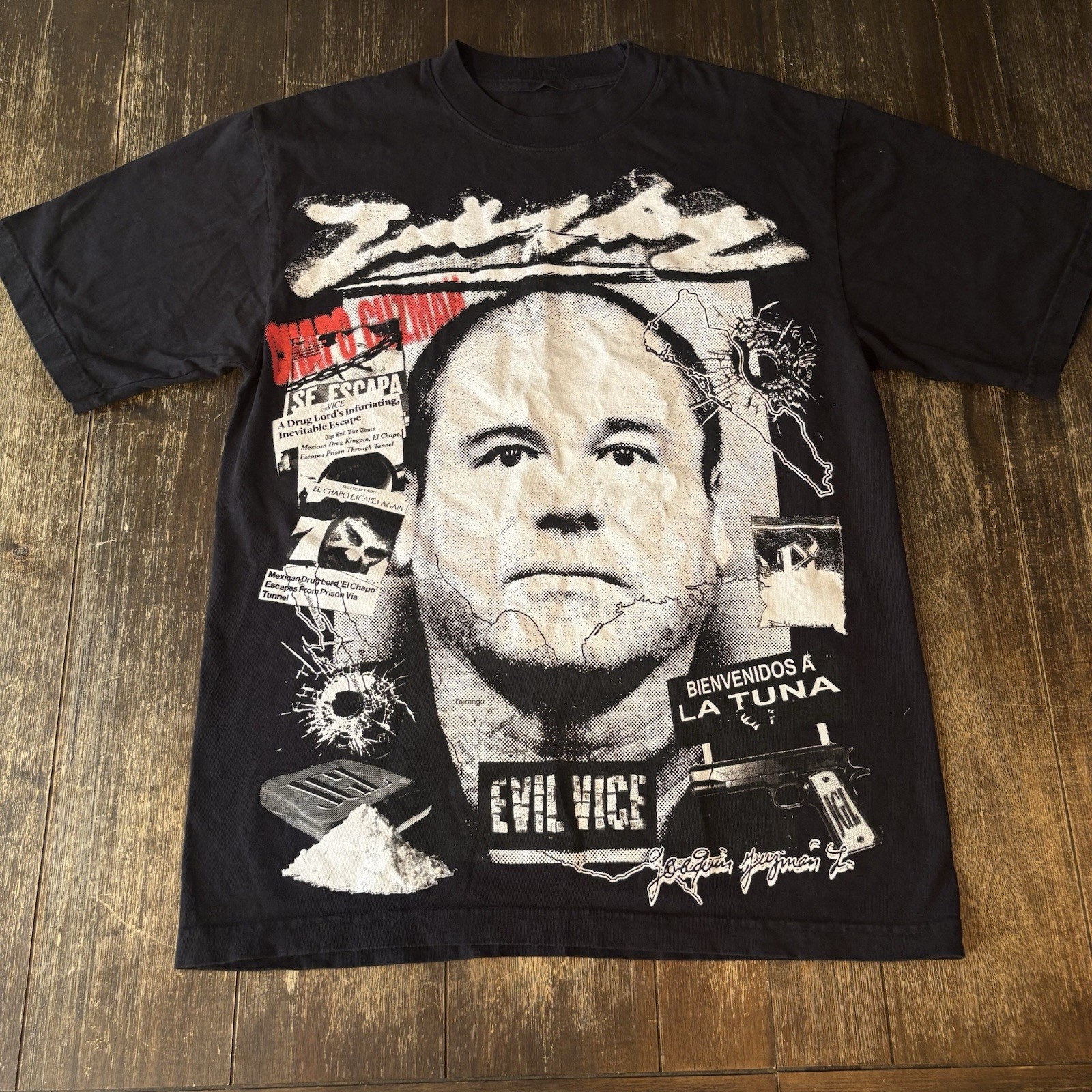Evil Vice El Chapo Guzman Graphic T Shirt Mens M Black Double Sided Tee