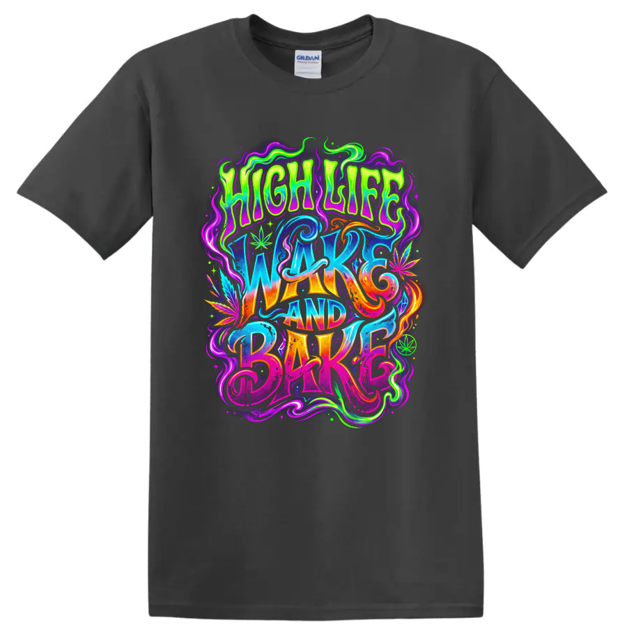 Cannabis Wake and Bake T Shirt Psychedelic Neon Leaf Graphic 420 Culture Tee