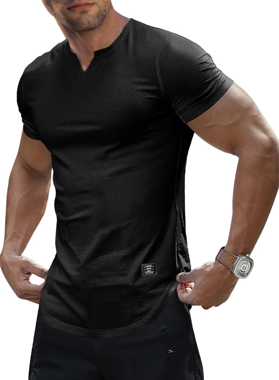 Men’s Muscle Slim Fit T-Shirt V Neck Hipster Longline Black Henley Shirt Shor…