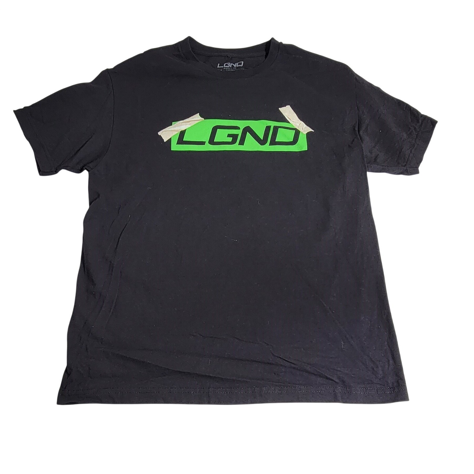 LGND Supply Co Mens Black Graphic T-Shirt Neon Green Logo Masking Tape Large
