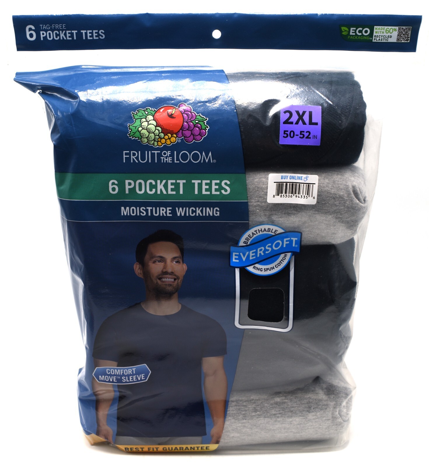 6 Fruit Of The Loom 2XL 50-52 Black Gray Pocket T-Shirts 2EG 127-132 CM