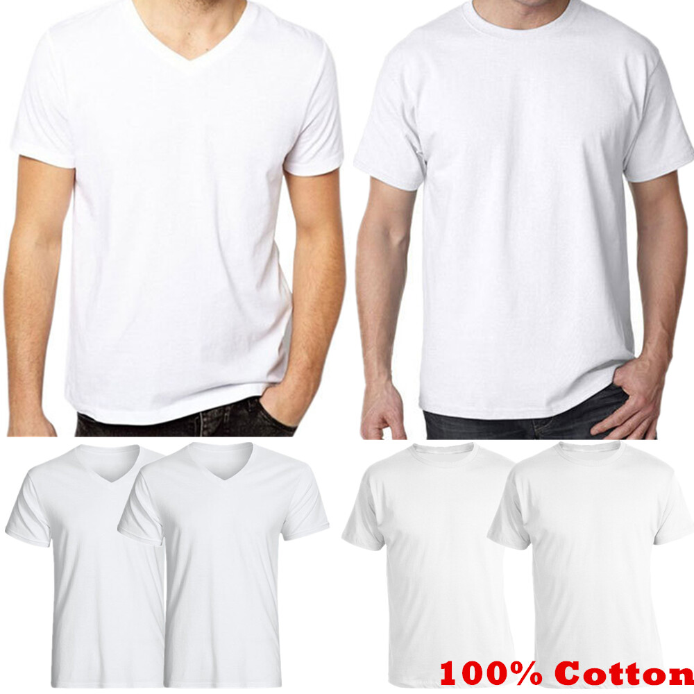 Mens 100% Cotton Thick Casual T-Shirt White Short Sleeve Tee Crew Neck V-Neck