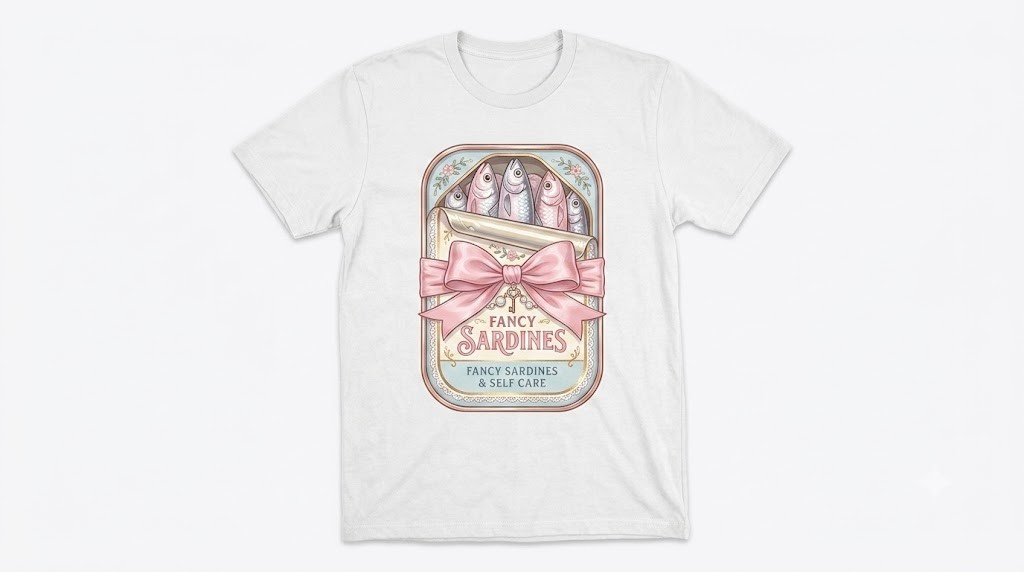 Coquette Fancy Sardines & Self Care T-Shirt Pink Bow Tinned Fish Graphic Tee