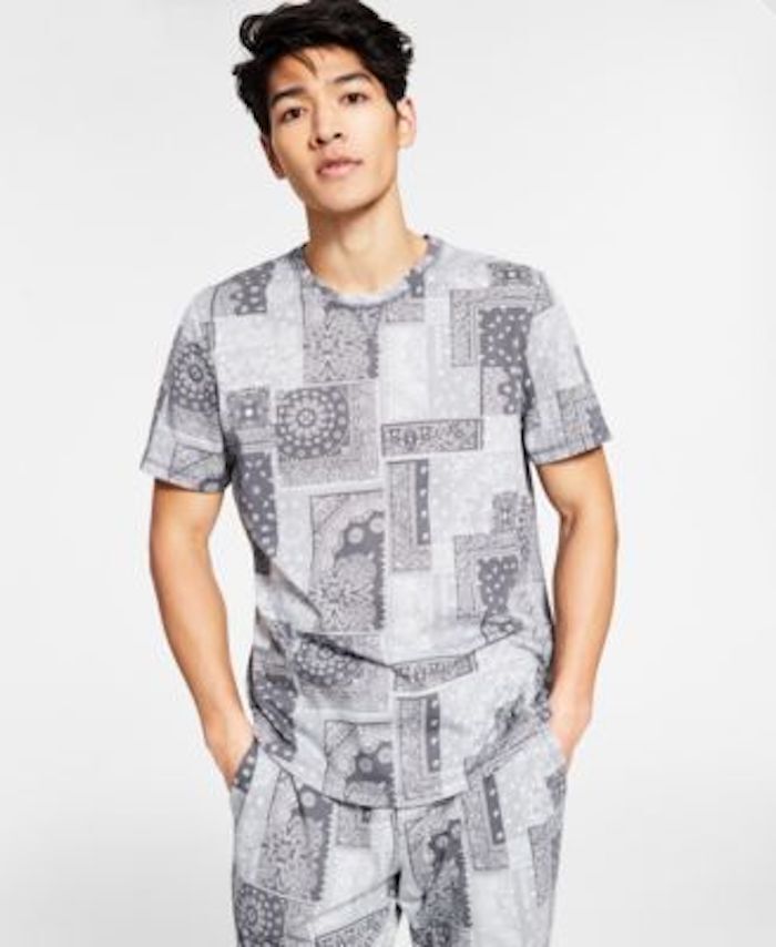 Sun + Stone Mens Gray Paisley Bandana Print Soft T Shirt