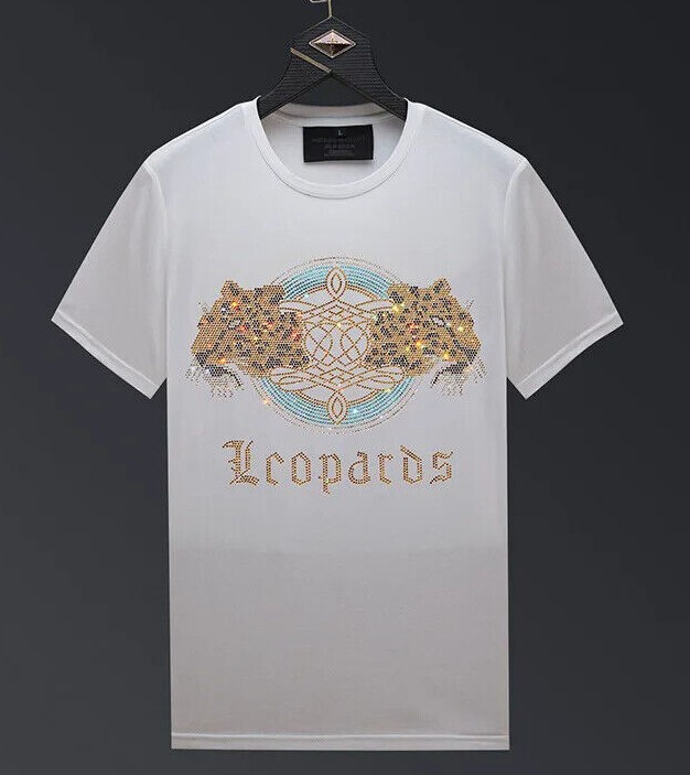 New Men Luxury Leopard Rhinestones Fashion Black White T-Shirt High Quality