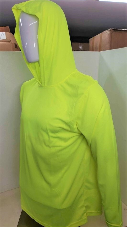 Neon Yellow Long Sleeve Shirt With Hoodie, Polyester birdeye mesh fabric