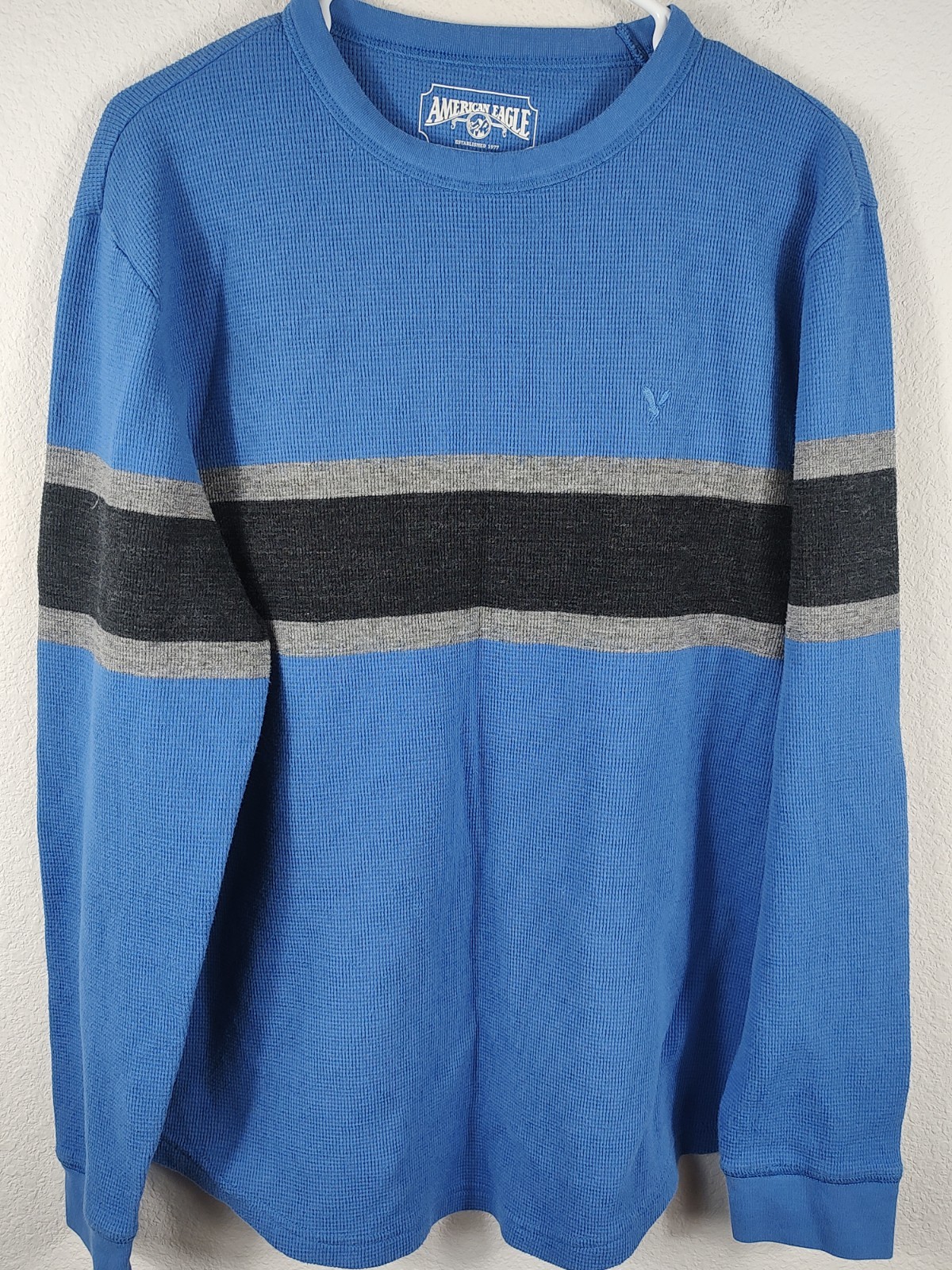 American Eagle Shirt Mens Thermal Waffle Knit Blue Gray Stripe Logo Size Medium